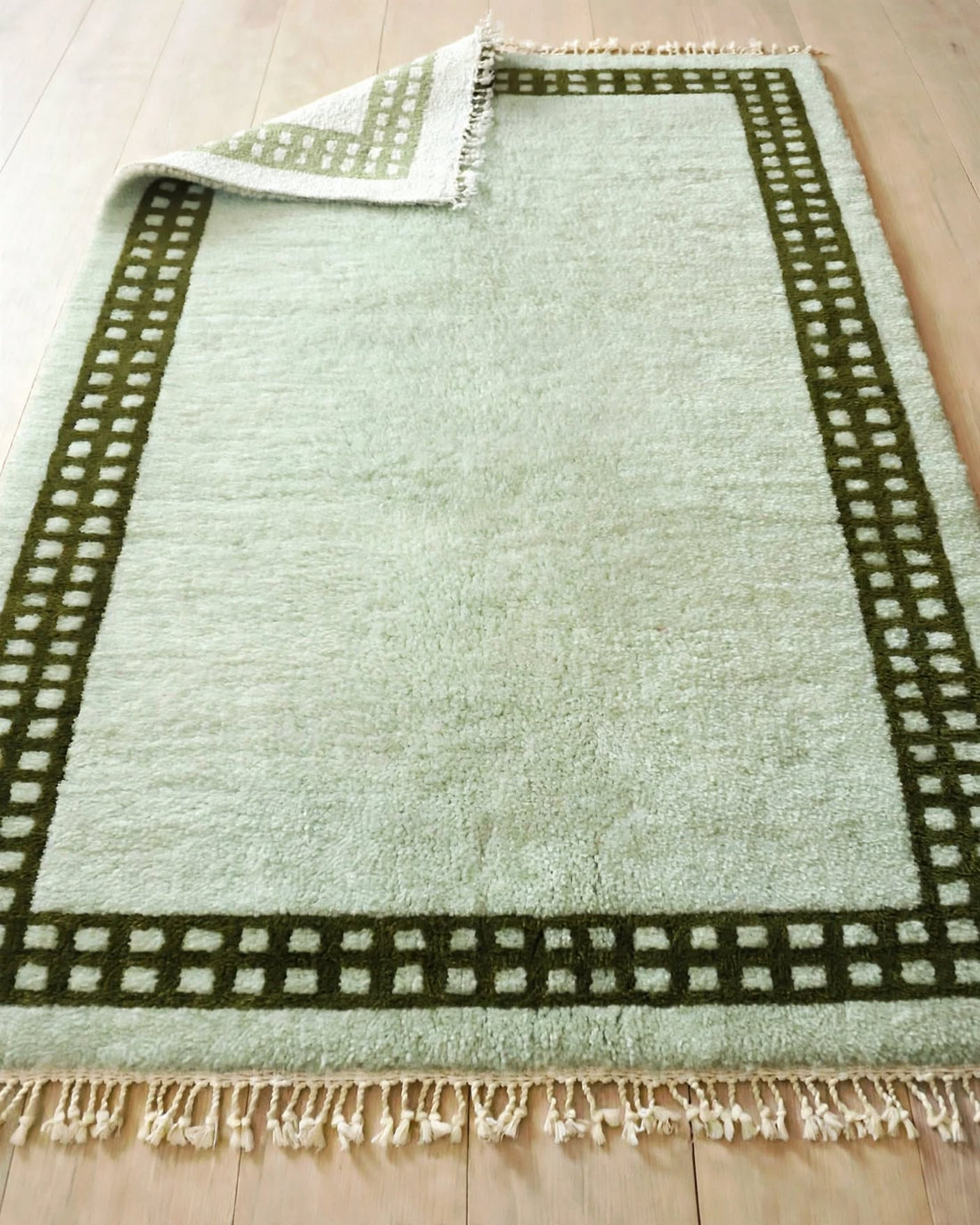 Mint Green Moroccan Berber Wool Rug with Dark Geometric Border, handmade in Bhadohi India – border detail