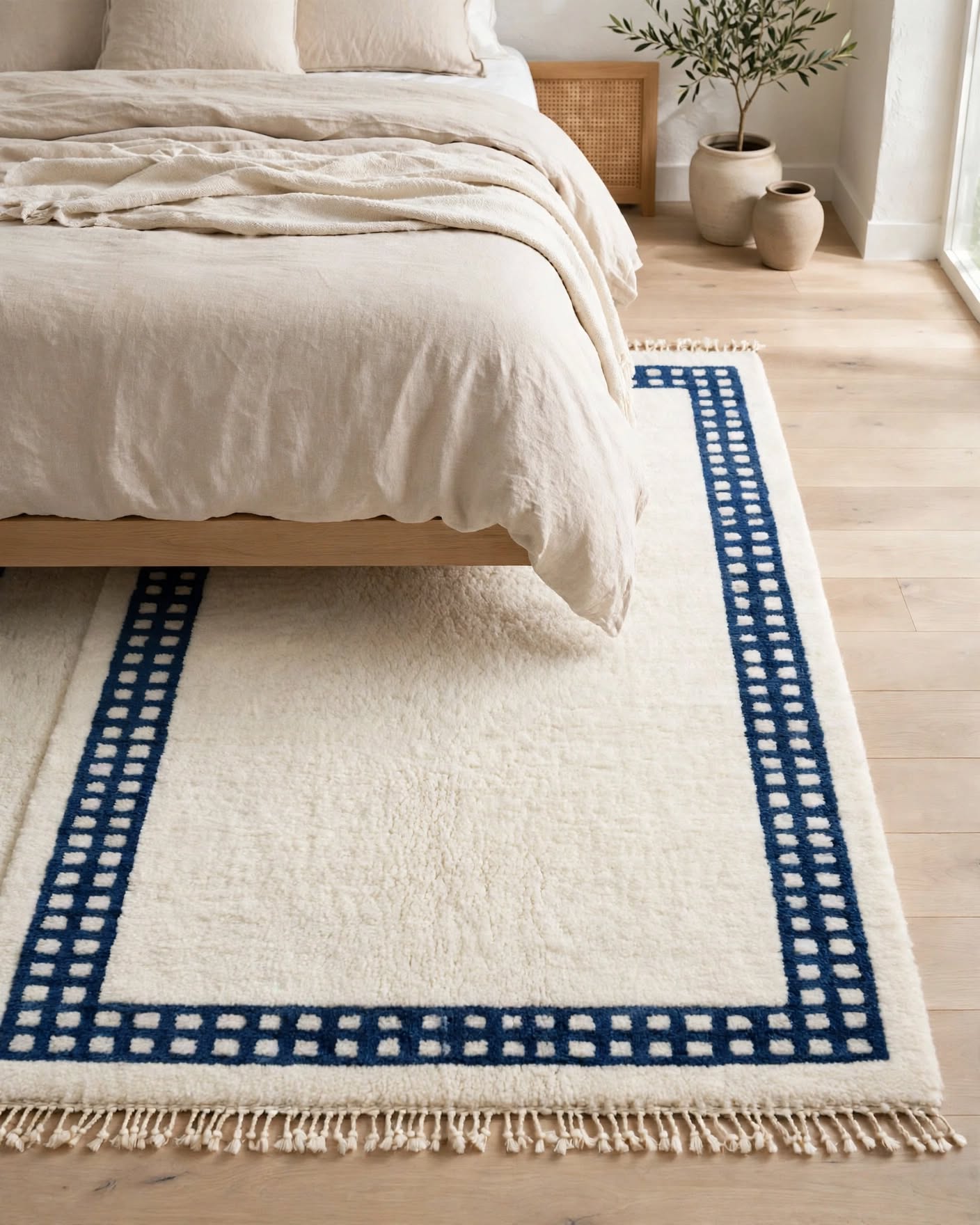 Cream Ivory Moroccan Berber Wool Rug with Navy Blue Border, handmade in Bhadohi India – photo 1