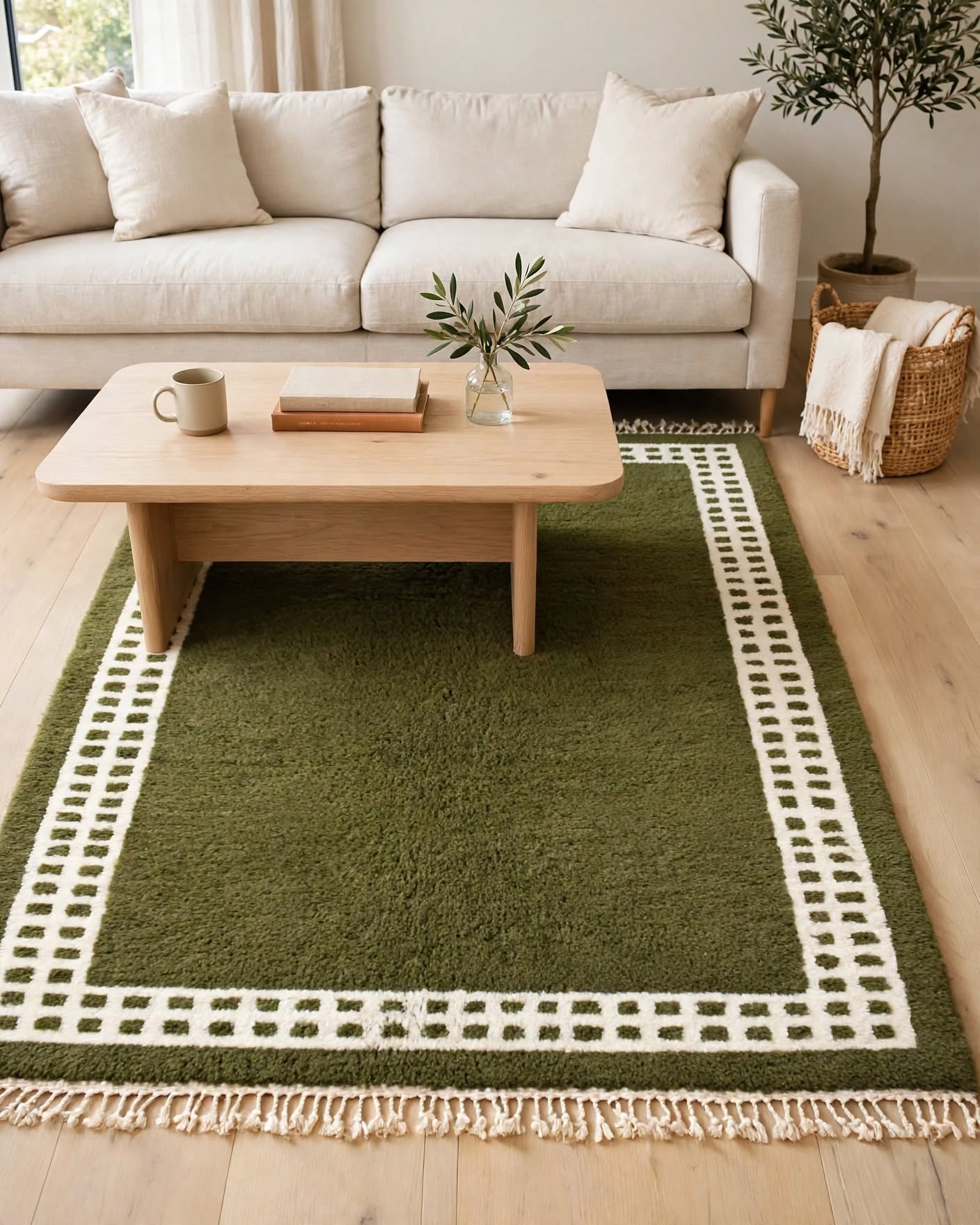 Earthy Sage Olive Green Moroccan Berber Wool Rug, handmade in Bhadohi India – photo 1