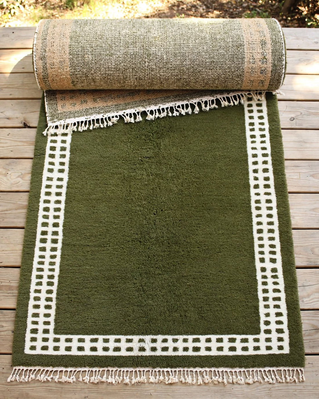 Earthy Sage Olive Green Moroccan Berber Wool Rug, handmade in Bhadohi India – photo 6