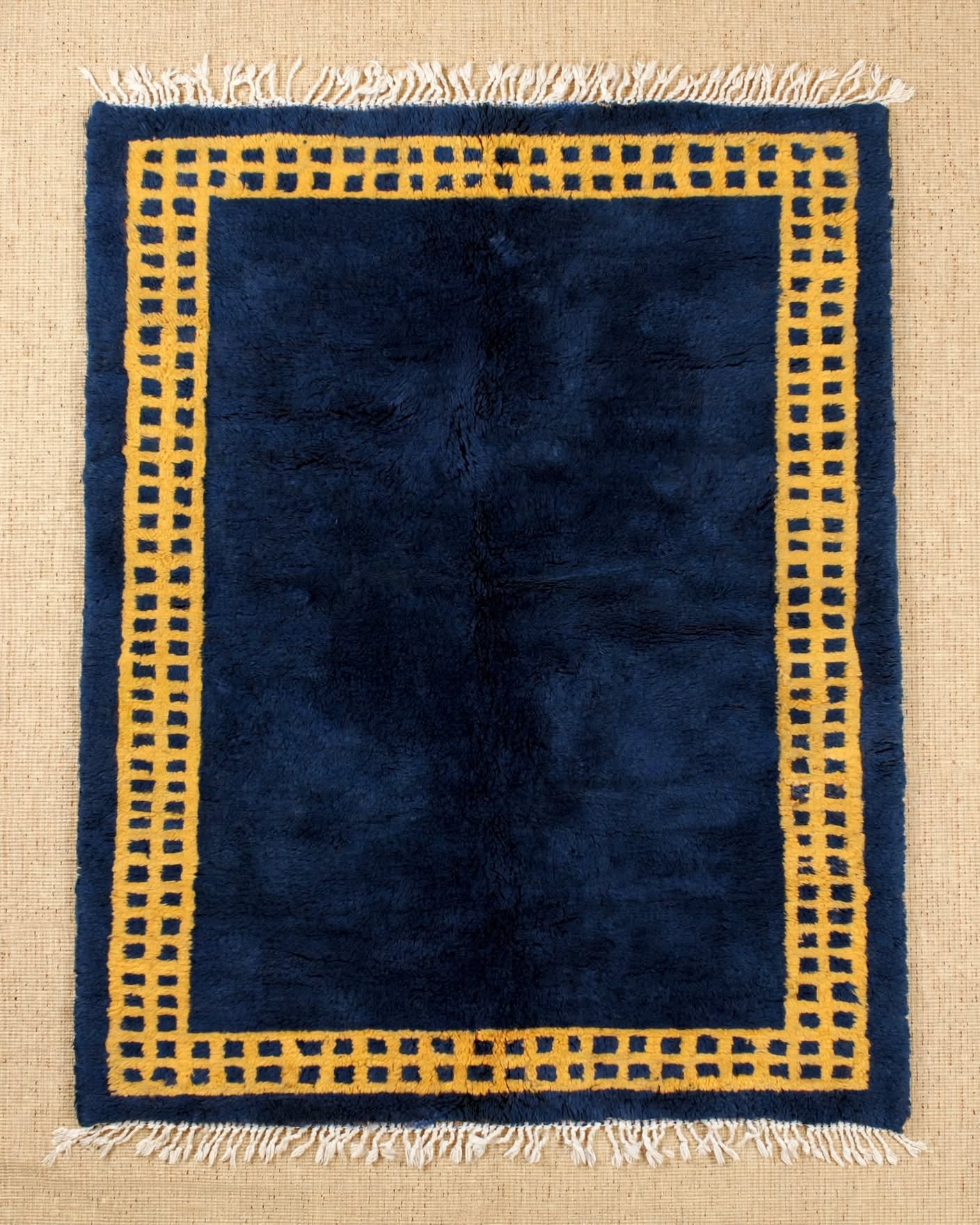 Royal Blue Moroccan Berber Wool Rug with Mustard Gold Border, handmade in Bhadohi India – photo 3