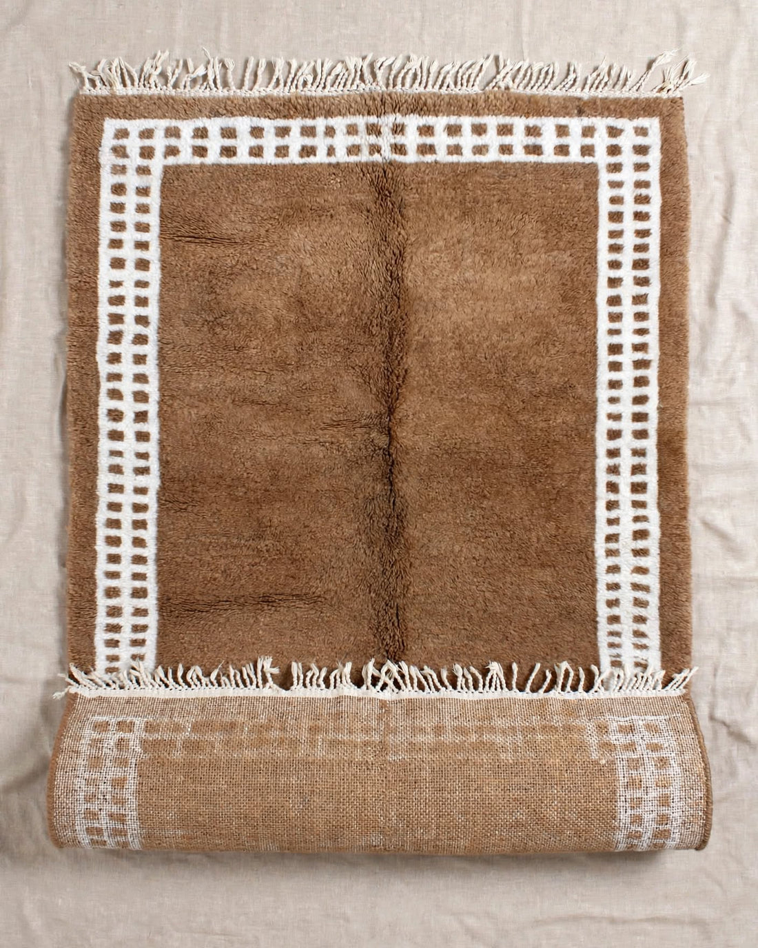 Oatmeal Camel Tan Moroccan Berber Wool Rug with Cream Border, handmade in Bhadohi India – photo 6
