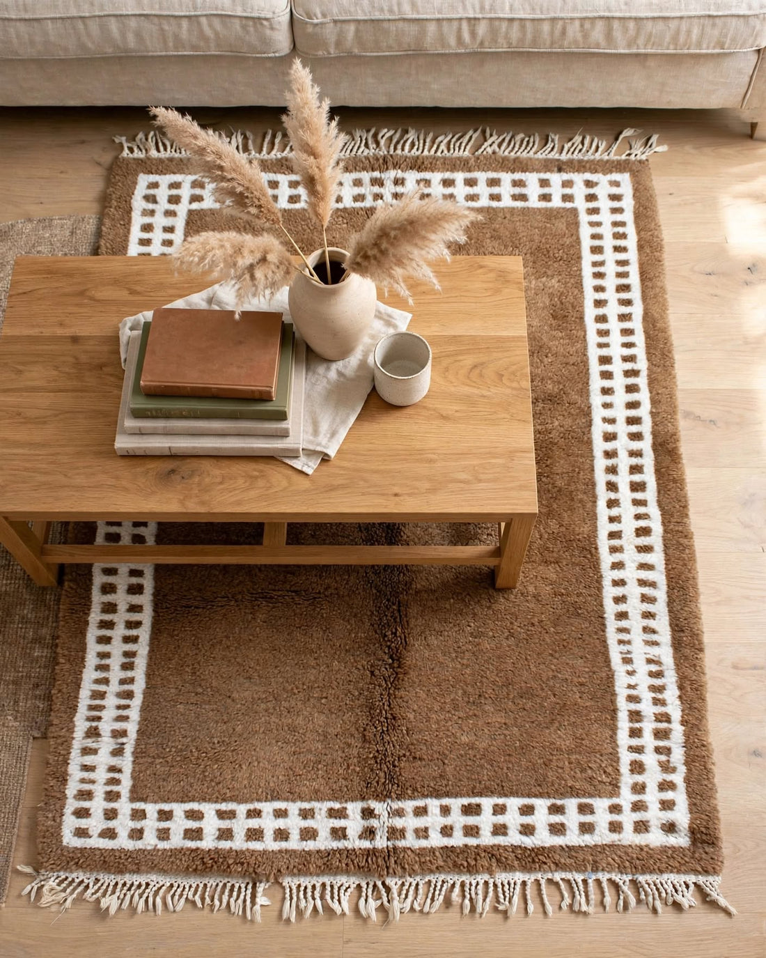 Oatmeal Camel Tan Moroccan Berber Wool Rug with Cream Border, handmade in Bhadohi India – photo 1