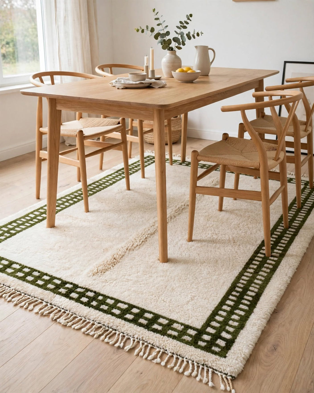 Cream Ivory Moroccan Berber Wool Rug with Dark Green Border, handmade in Bhadohi India – photo 2