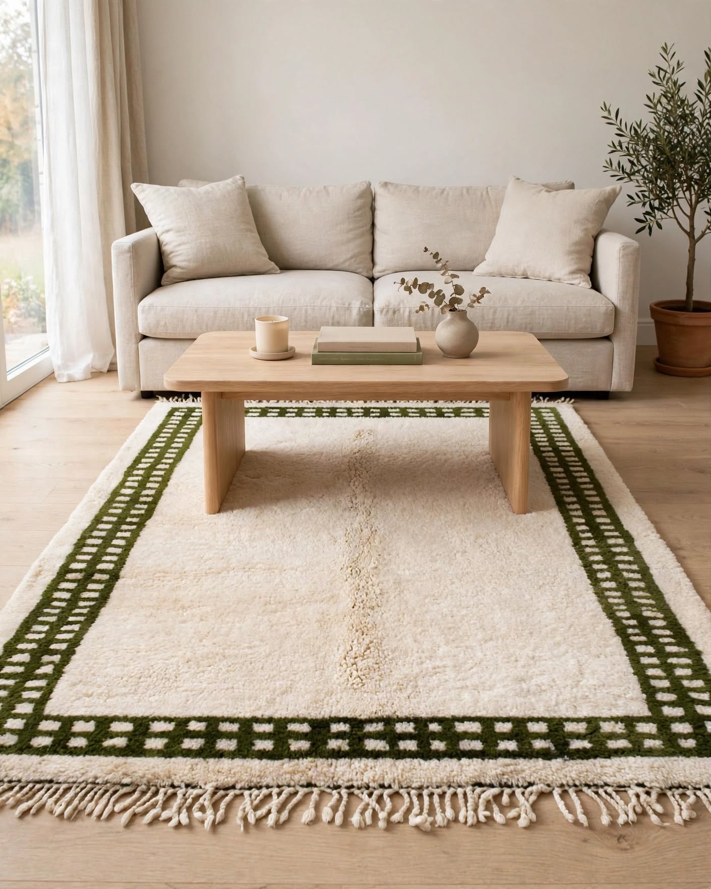 Cream Ivory Moroccan Berber Wool Rug with Dark Green Border, handmade in Bhadohi India – photo 1