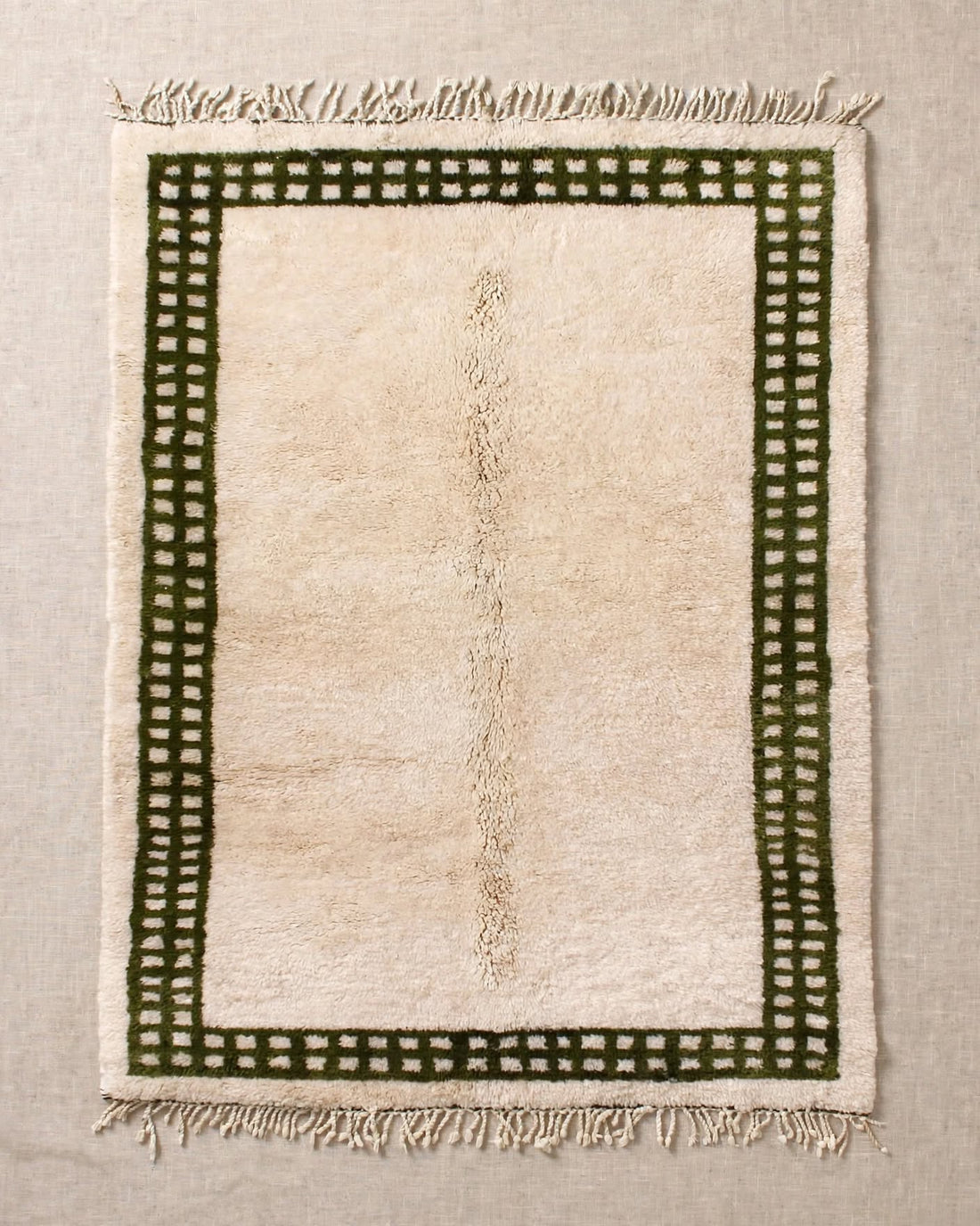 Cream Ivory Moroccan Berber Wool Rug with Dark Green Border, handmade in Bhadohi India – photo 5