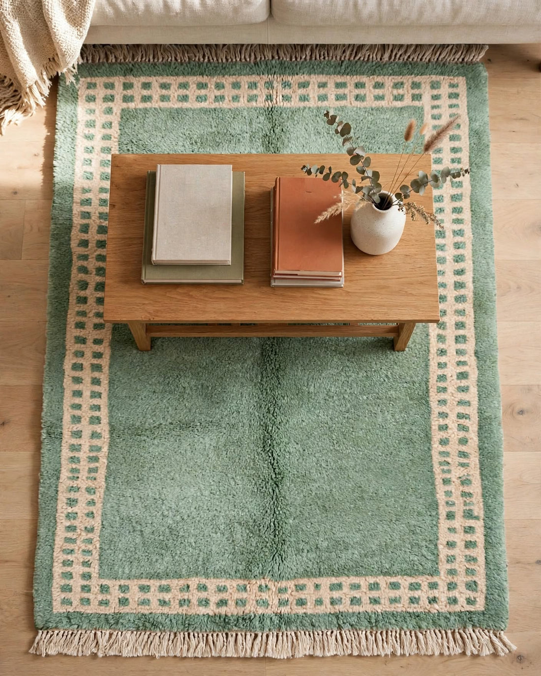 Cream Ivory Moroccan Berber Wool Rug with Navy Blue Border – Design 2, handmade in Bhadohi India – photo 3