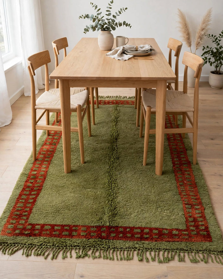 Earthy Olive Green Moroccan Berber Wool Rug with Rust Border, handmade in Bhadohi India – photo 1