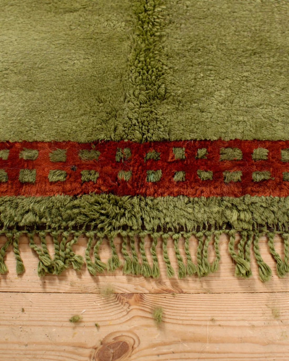 Earthy Olive Green Moroccan Berber Wool Rug with Rust Border, handmade in Bhadohi India – photo 5