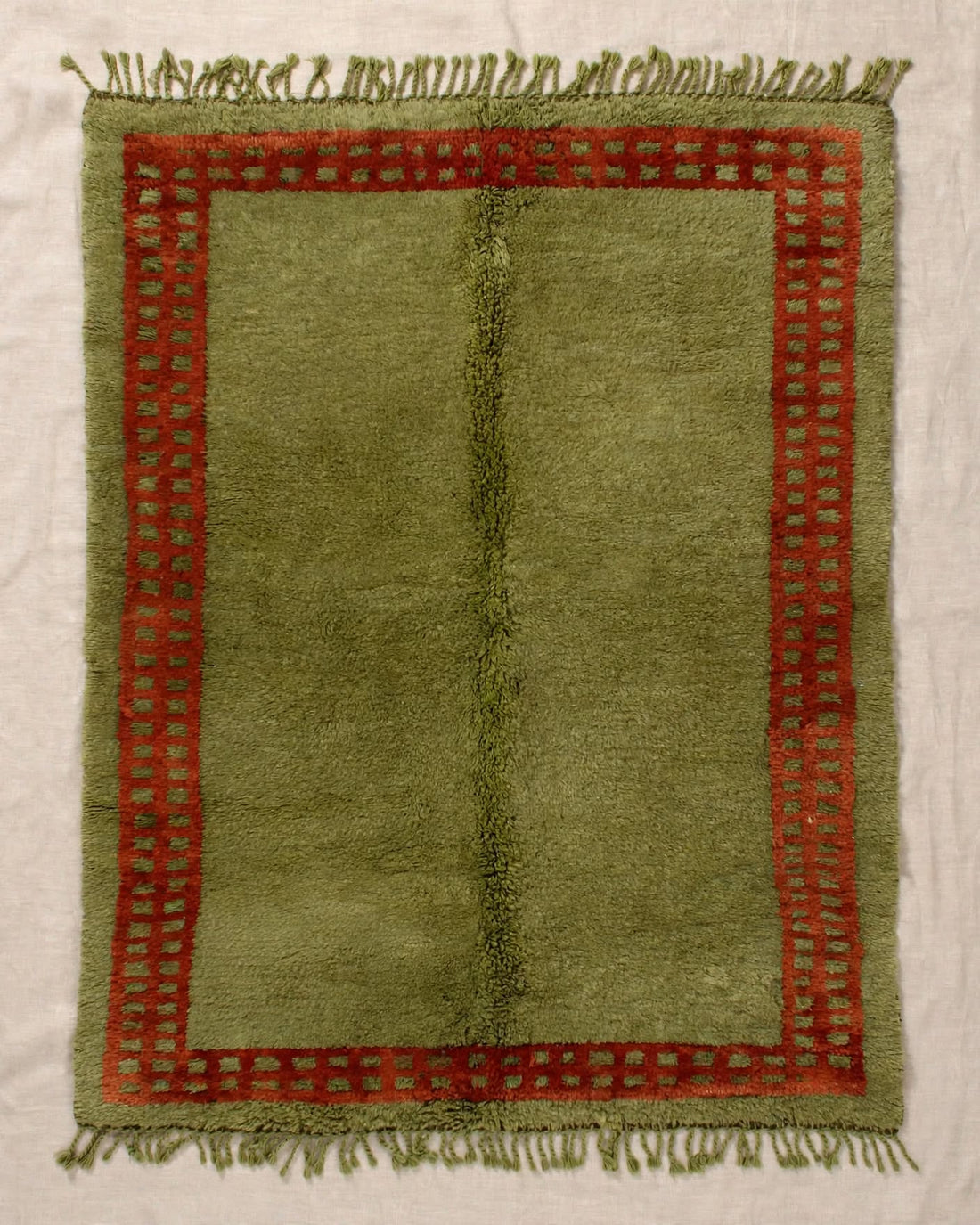 Earthy Olive Green Moroccan Berber Wool Rug with Rust Border, handmade in Bhadohi India – photo 2