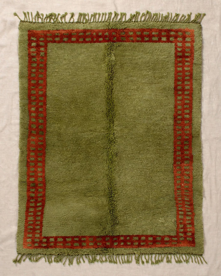 Earthy Olive Green Moroccan Berber Wool Rug with Rust Border, handmade in Bhadohi India – photo 2