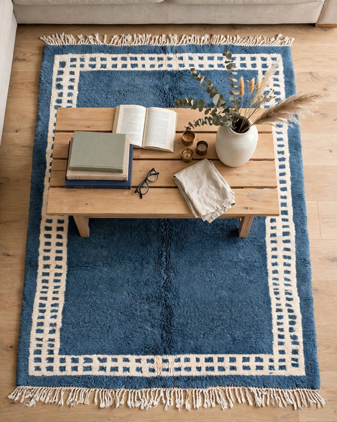 Ocean Denim Blue Moroccan Berber Wool Rug with Cream Border, handmade in Bhadohi India – photo 9