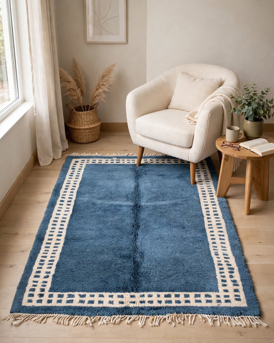 Ocean Denim Blue Moroccan Berber Wool Rug with Cream Border, handmade in Bhadohi India – photo 3
