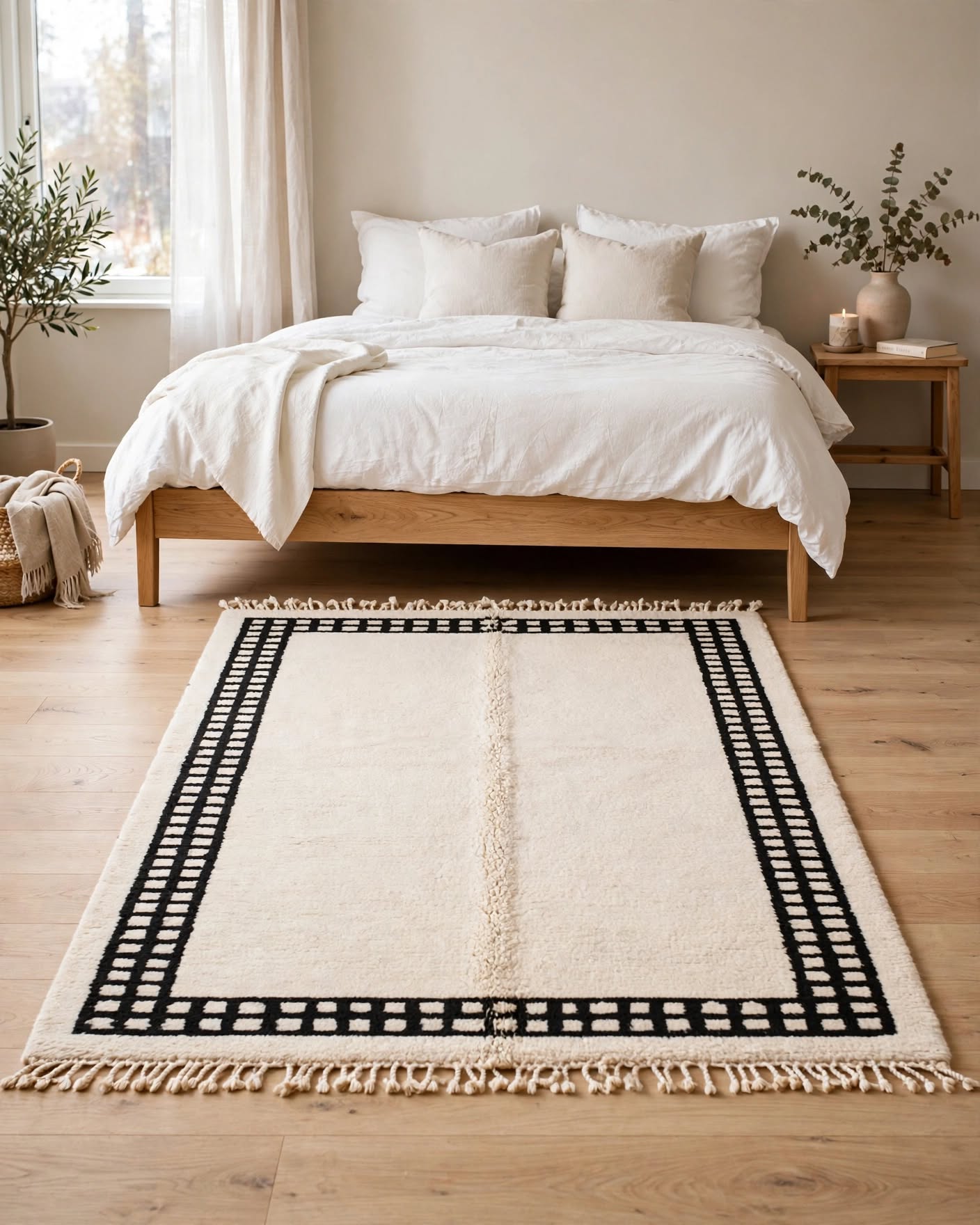 Minimalist Ivory Cream Moroccan Berber Wool Rug with Black Geometric Border, handmade in Bhadohi India – photo 1