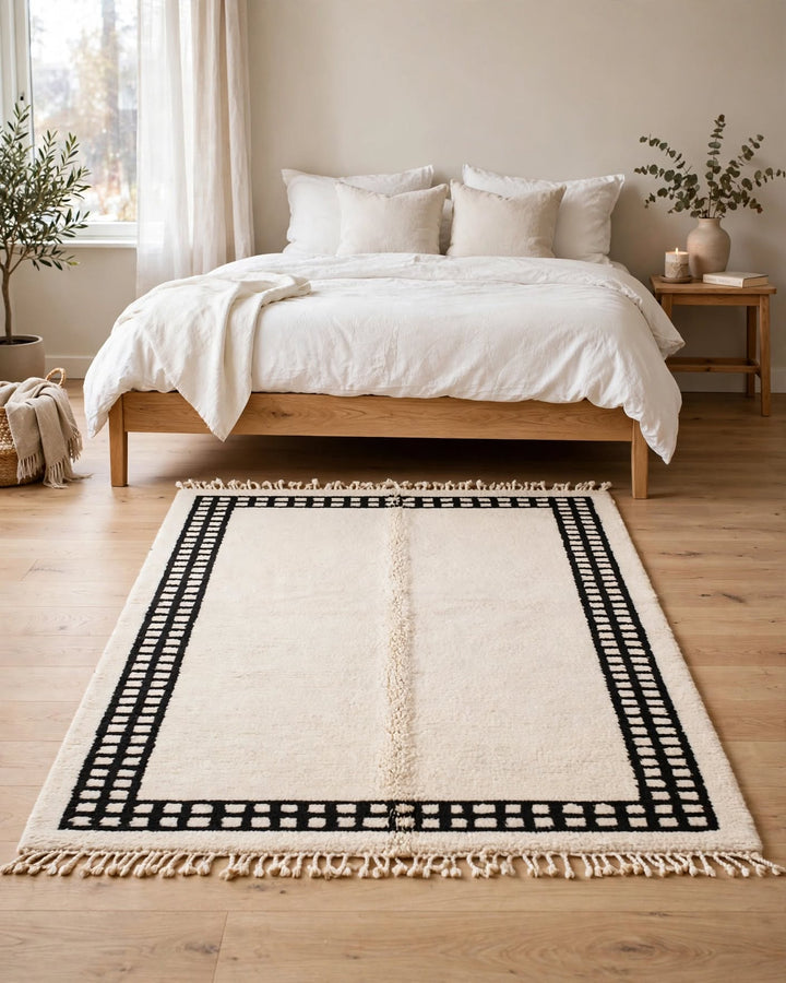 Minimalist Ivory Cream Moroccan Berber Wool Rug with Black Geometric Border, handmade in Bhadohi India – photo 1