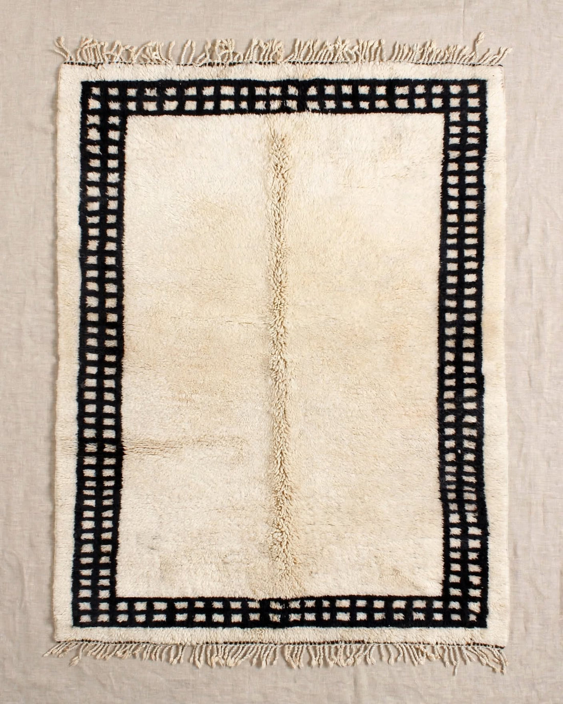 Minimalist Ivory Cream Moroccan Berber Wool Rug with Black Geometric Border, handmade in Bhadohi India – photo 2