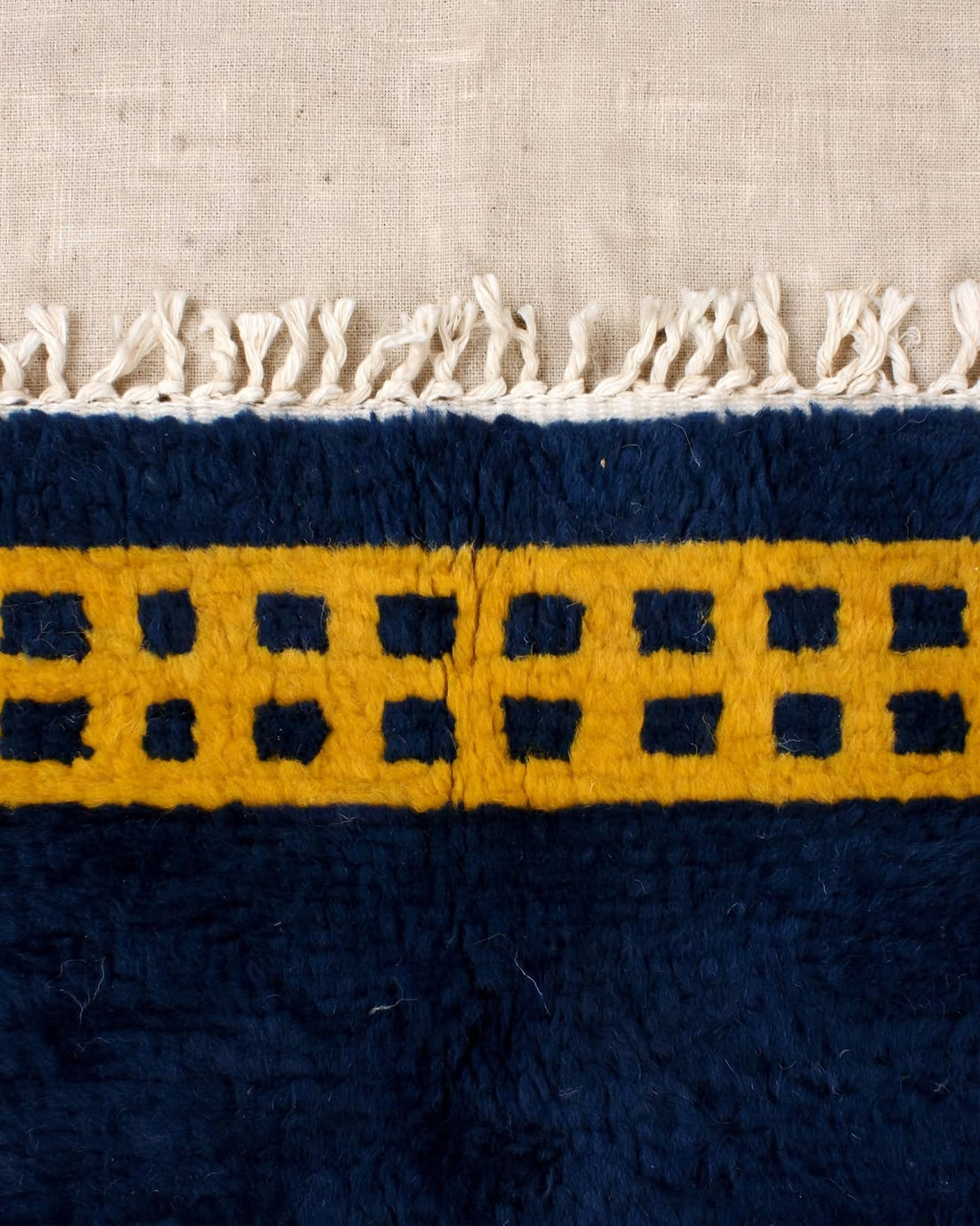 Royal Blue Moroccan Berber Wool Rug with Mustard Gold Border, handmade in Bhadohi India – photo 4