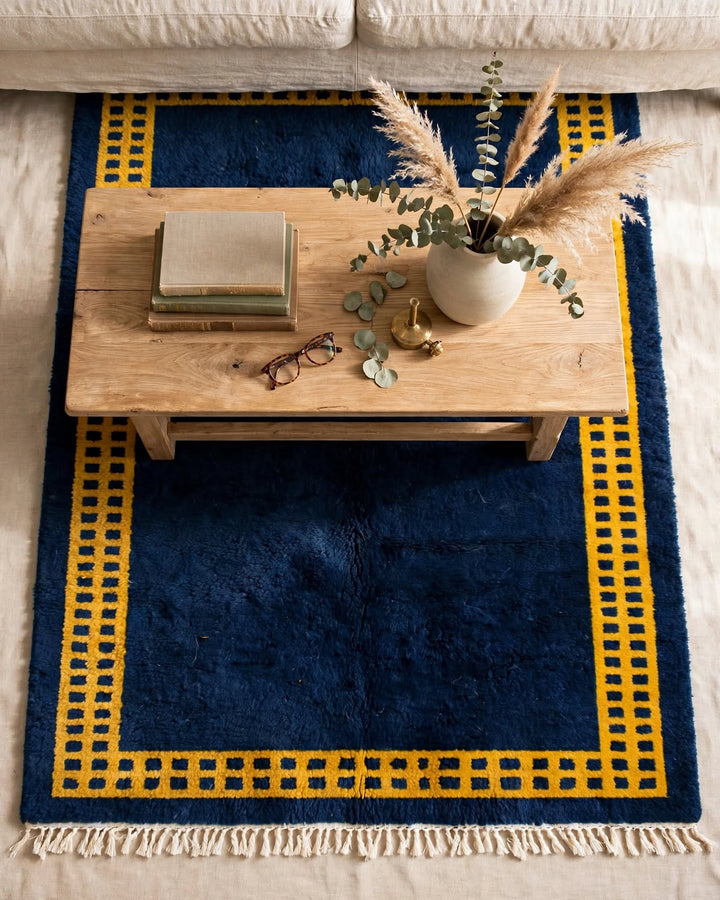 Royal Blue Moroccan Berber Wool Rug with Mustard Gold Border, handmade in Bhadohi India – photo 1