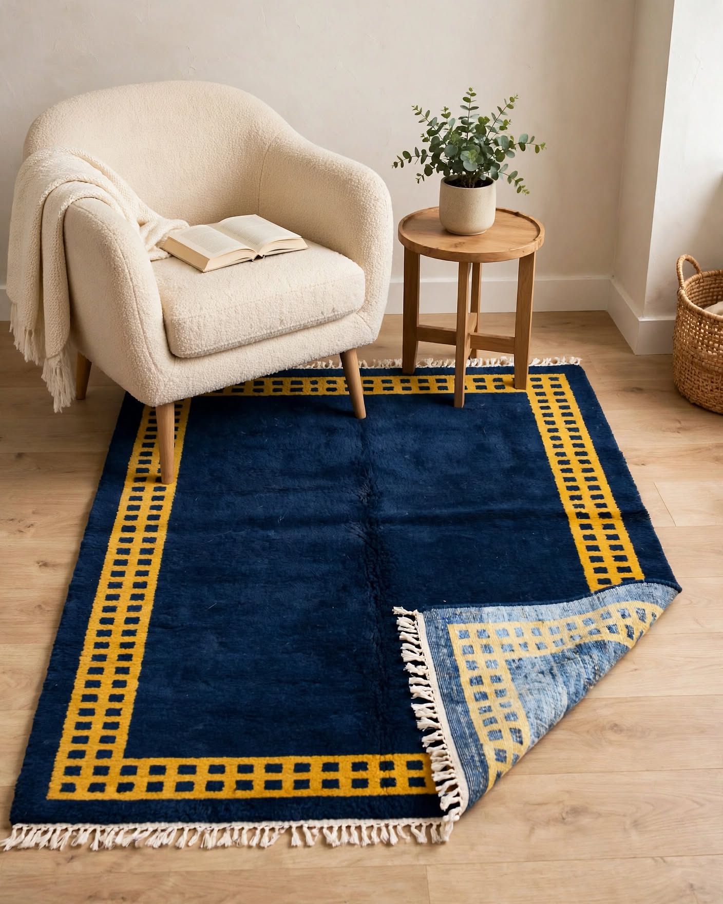 Royal Blue Moroccan Berber Wool Rug with Mustard Gold Border, handmade in Bhadohi India – photo 2