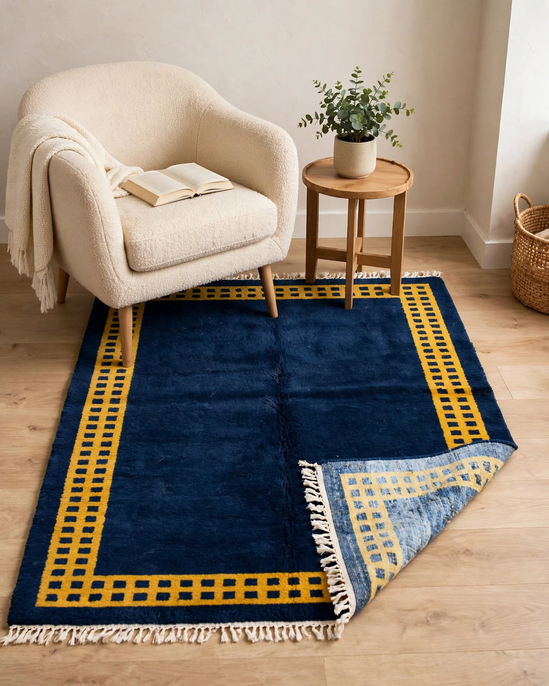 Royal Blue Moroccan Berber Wool Rug with Mustard Gold Border, handmade in Bhadohi India – photo 2