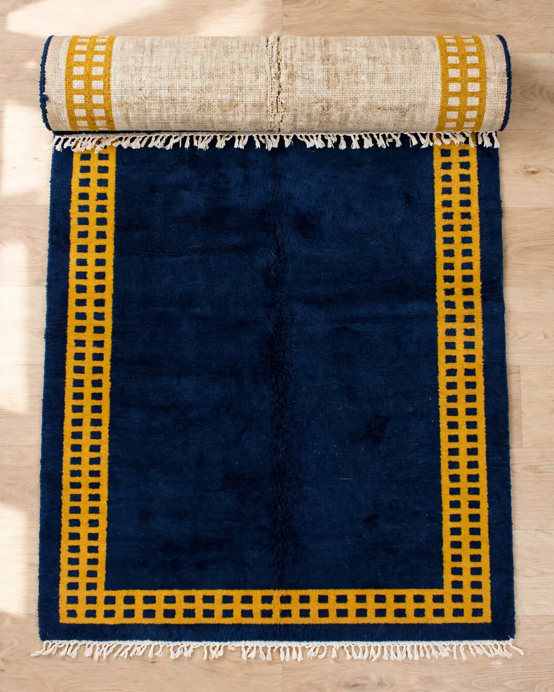 Royal Blue Moroccan Berber Wool Rug with Mustard Gold Border, handmade in Bhadohi India – photo 5