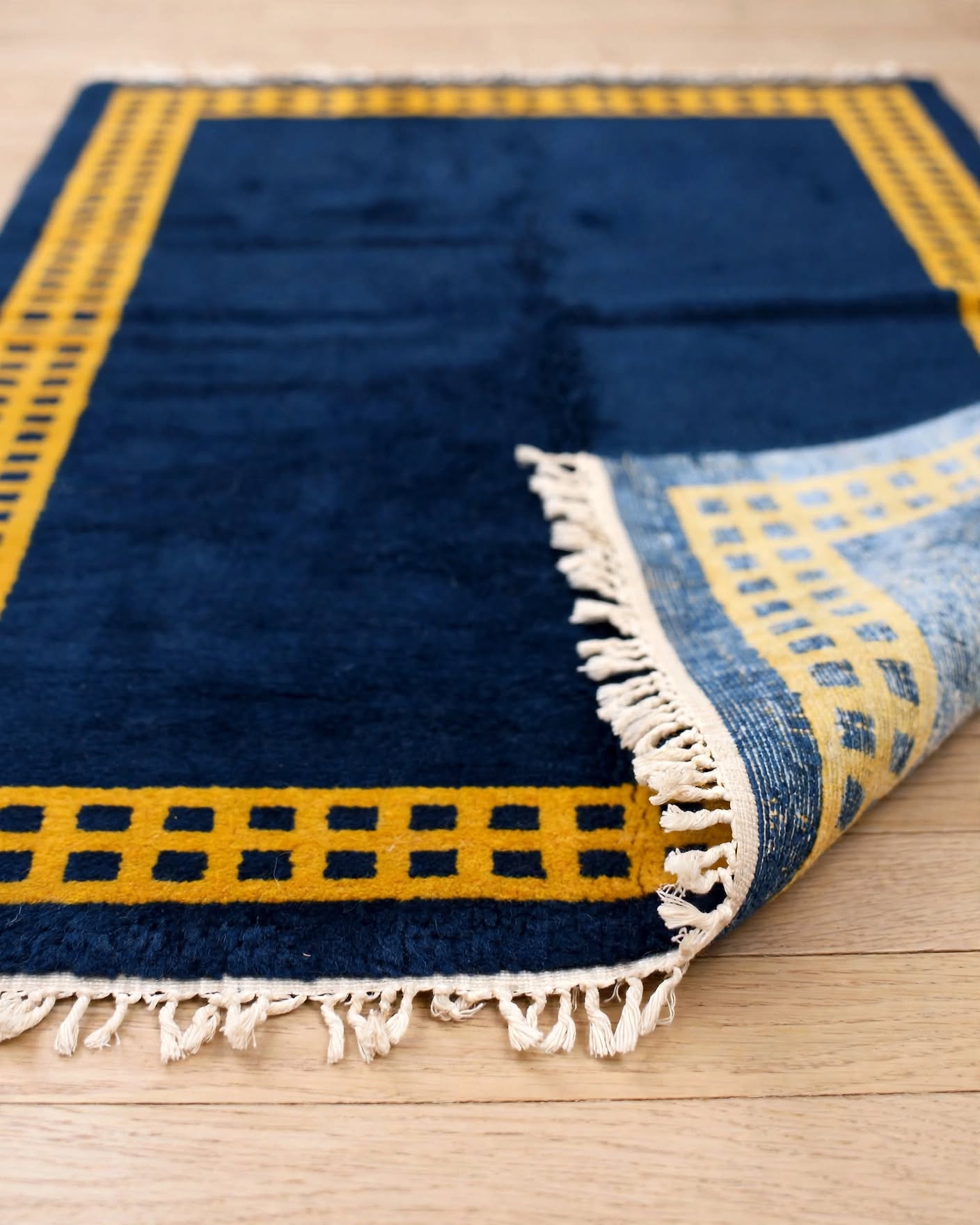 Royal Blue Moroccan Berber Wool Rug with Mustard Gold Border, handmade in Bhadohi India – photo 7