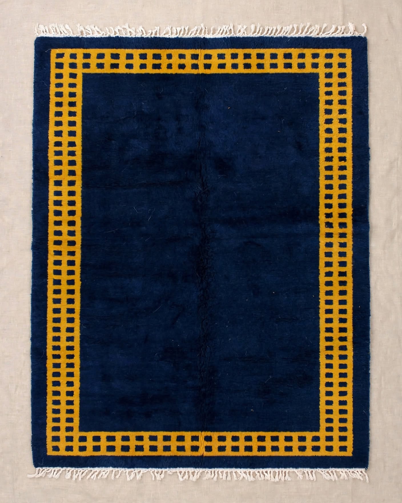 Royal Blue Moroccan Berber Wool Rug with Mustard Gold Border, handmade in Bhadohi India – photo 8