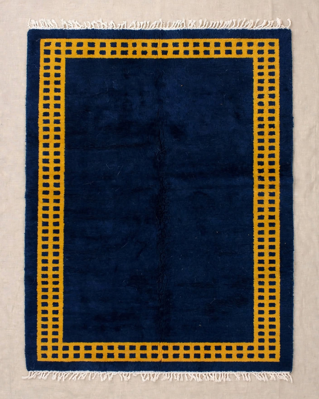Royal Blue Moroccan Berber Wool Rug with Mustard Gold Border, handmade in Bhadohi India – photo 8