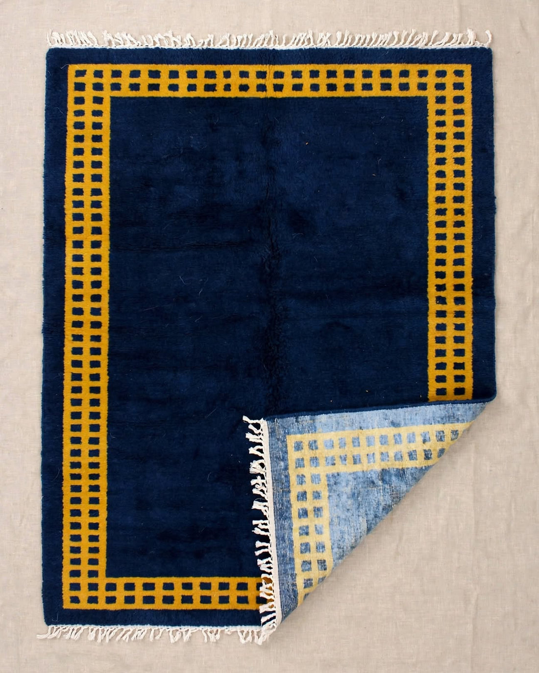 Royal Blue Moroccan Berber Wool Rug with Mustard Gold Border, handmade in Bhadohi India – photo 9