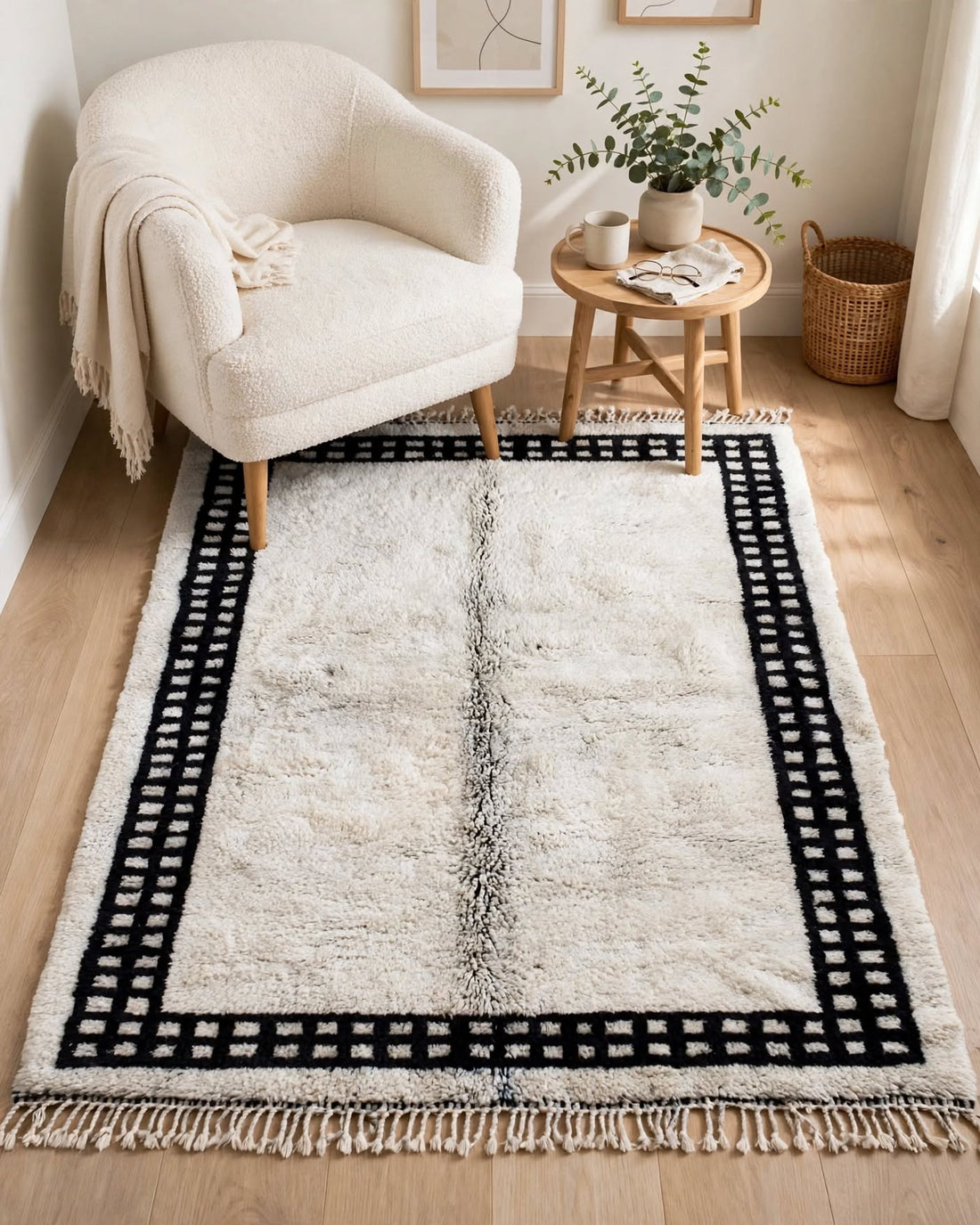 Cream Ivory Moroccan Berber Wool Rug with Black Geometric Border, handmade in Bhadohi India – photo 5