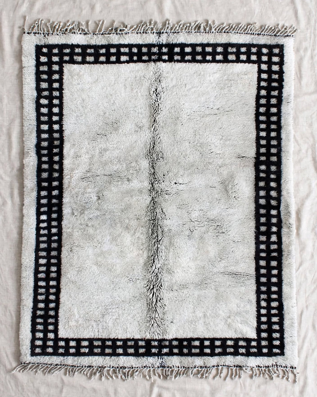 Cream Ivory Moroccan Berber Wool Rug with Black Geometric Border, handmade in Bhadohi India – photo 2