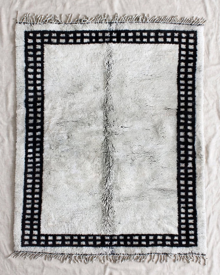 Cream Ivory Moroccan Berber Wool Rug with Black Geometric Border, handmade in Bhadohi India – photo 2