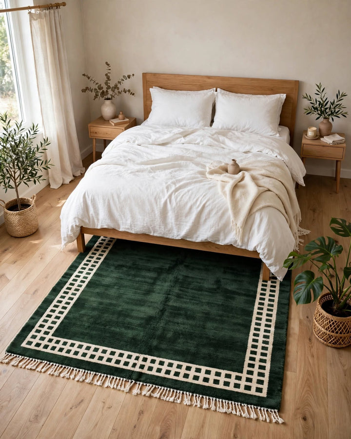 Green and White Moroccan Style Wool Rug, handmade in Bhadohi India – photo 1