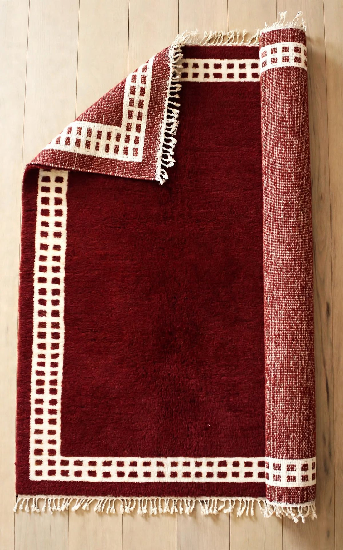 Deep Ruby Burgundy Red Moroccan Berber Wool Rug, handmade in Bhadohi India – photo 5