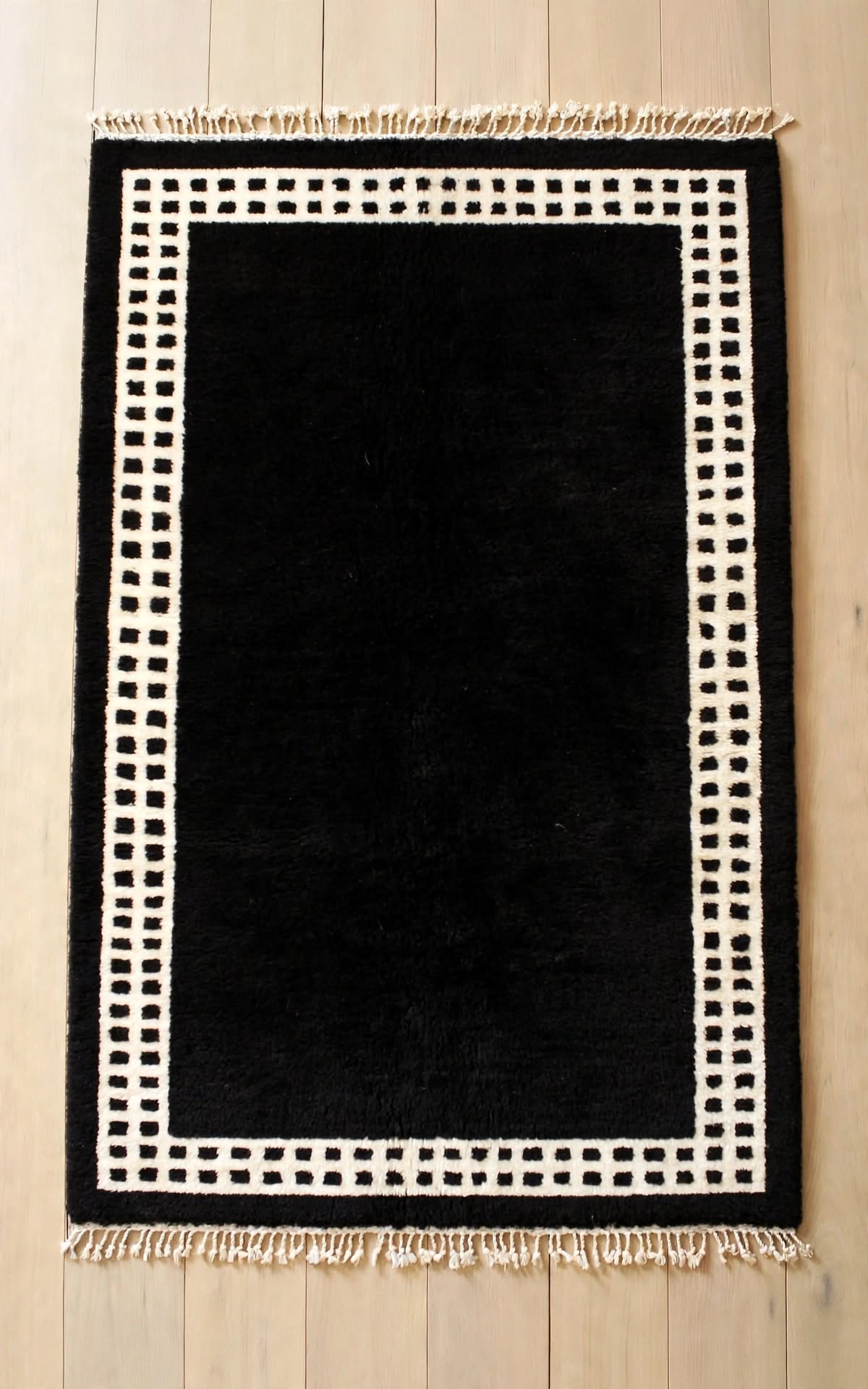 Jet Black Moroccan Berber Wool Rug with Ivory Cream Border, handmade in Bhadohi India – photo 3