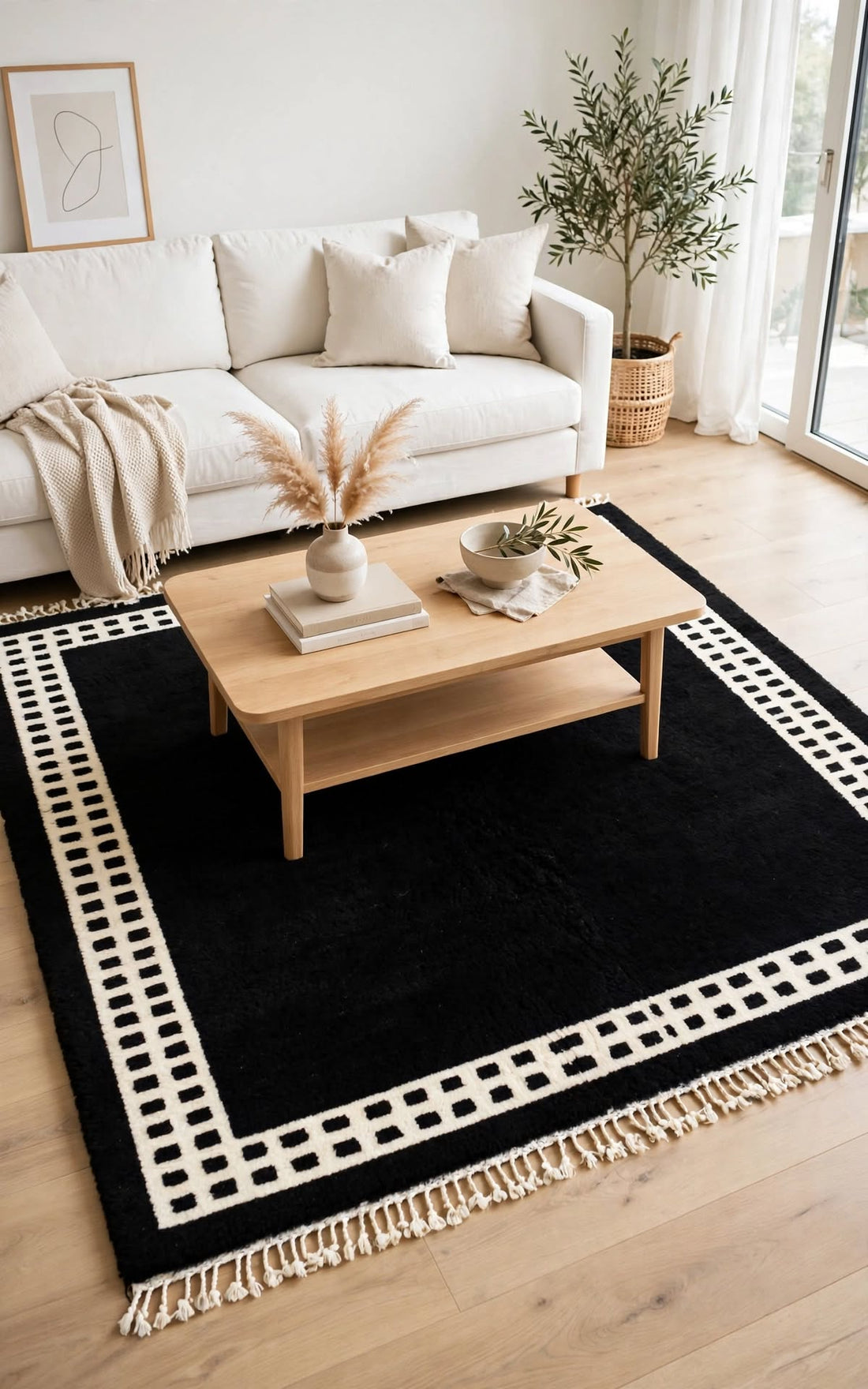 Jet Black Moroccan Berber Wool Rug with Ivory Cream Border, handmade in Bhadohi India – photo 1