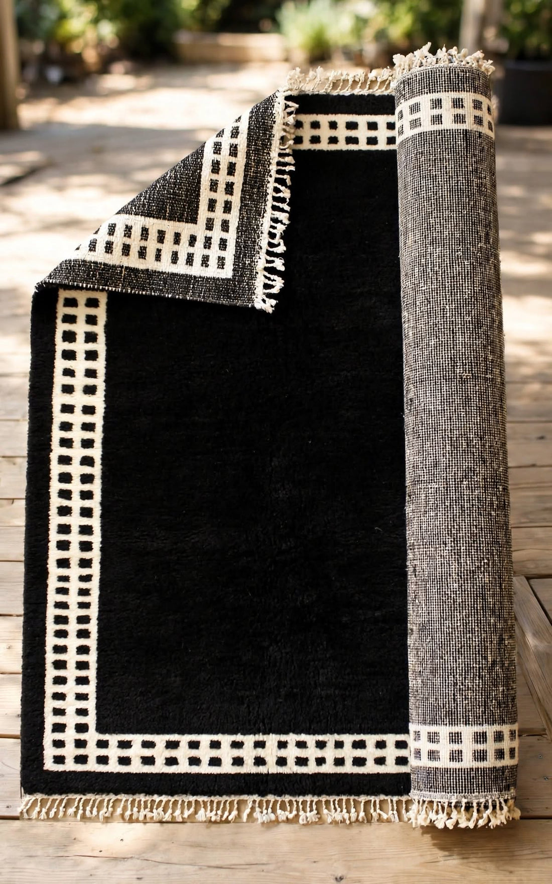 Jet Black Moroccan Berber Wool Rug with Ivory Cream Border, handmade in Bhadohi India – photo 4