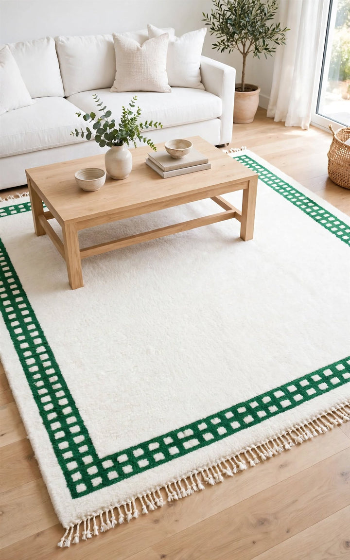 Cream Ivory Moroccan Berber Wool Rug with Emerald Green Border, handmade in Bhadohi India – photo 1