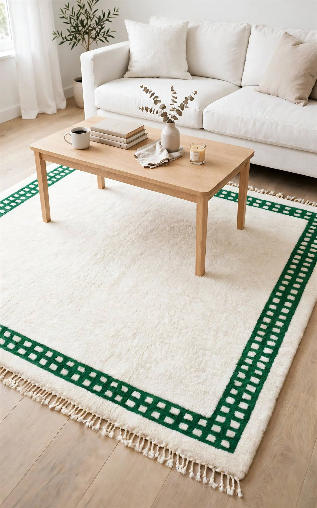 Cream Ivory Moroccan Berber Wool Rug with Emerald Green Border, handmade in Bhadohi India – photo 6