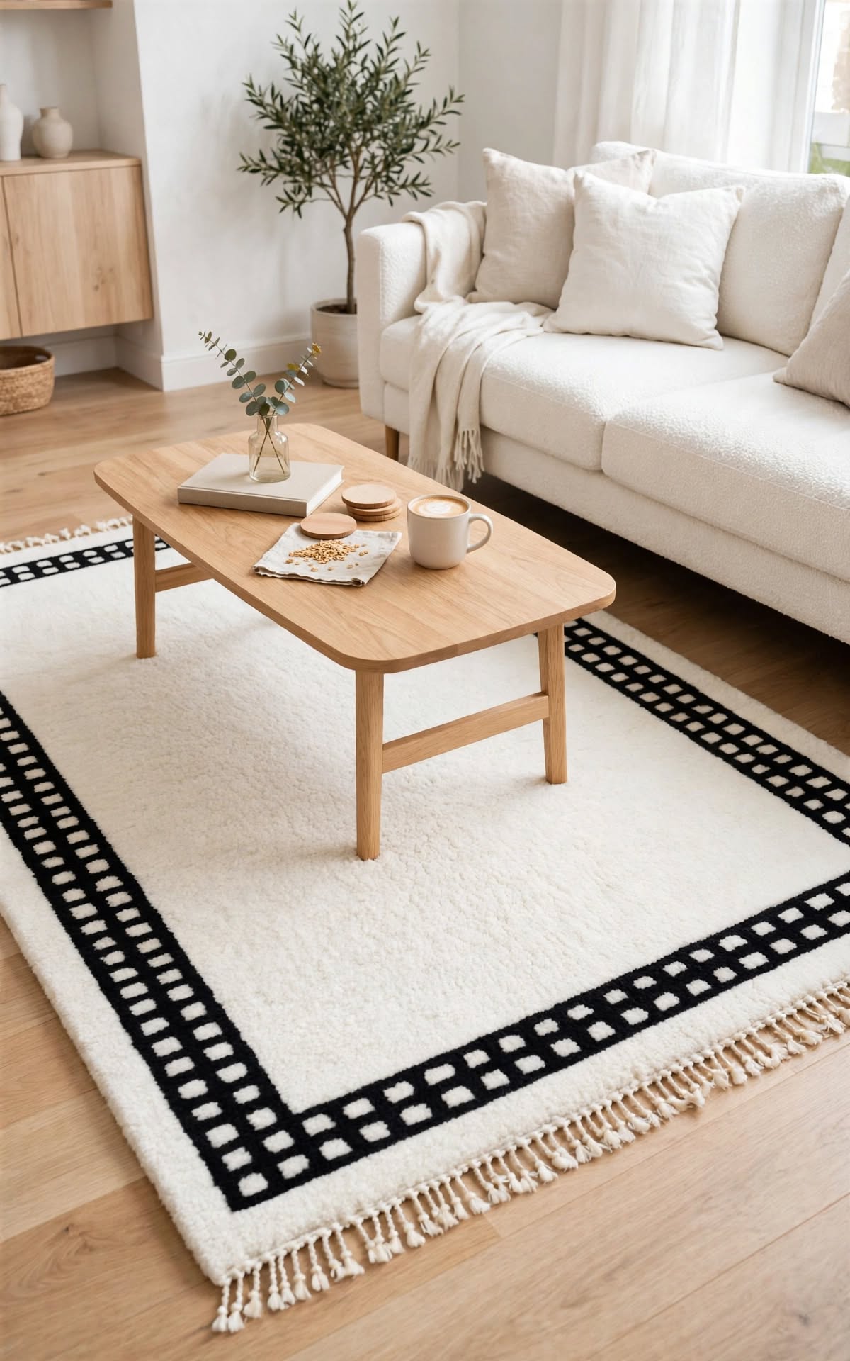 Charcoal Black Moroccan Berber Wool Rug with Cream Geometric Border, handmade in Bhadohi India – photo 1