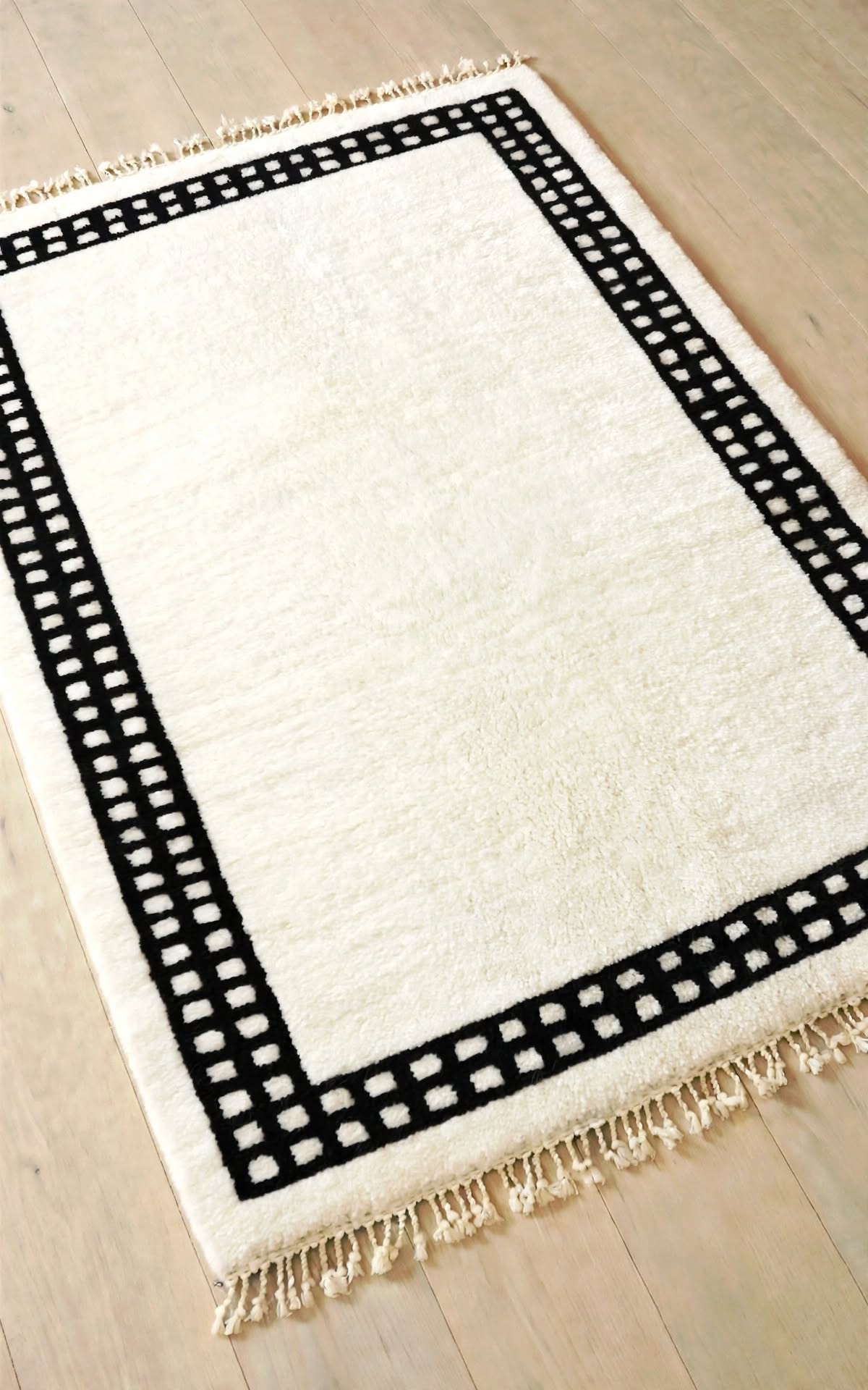Charcoal Black Moroccan Berber Wool Rug with Cream Geometric Border, handmade in Bhadohi India – photo 5