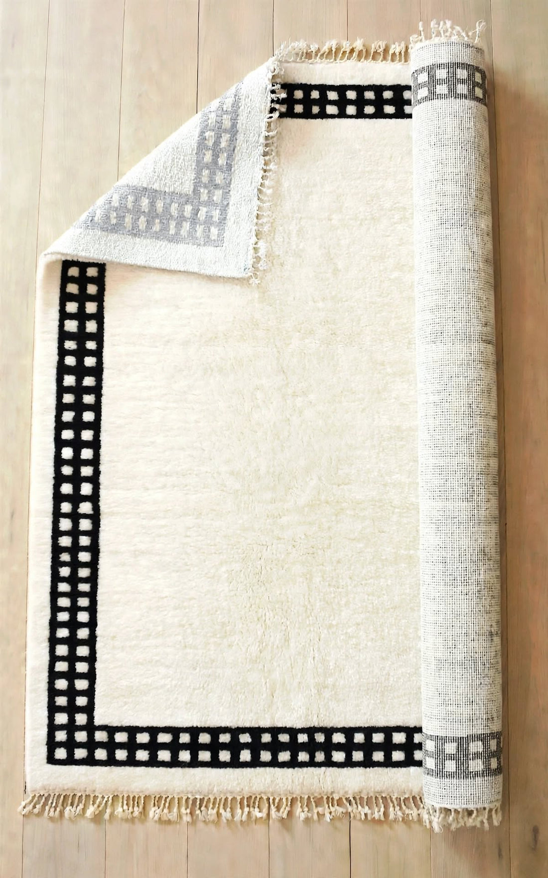 Charcoal Black Moroccan Berber Wool Rug with Cream Geometric Border, handmade in Bhadohi India – photo 10