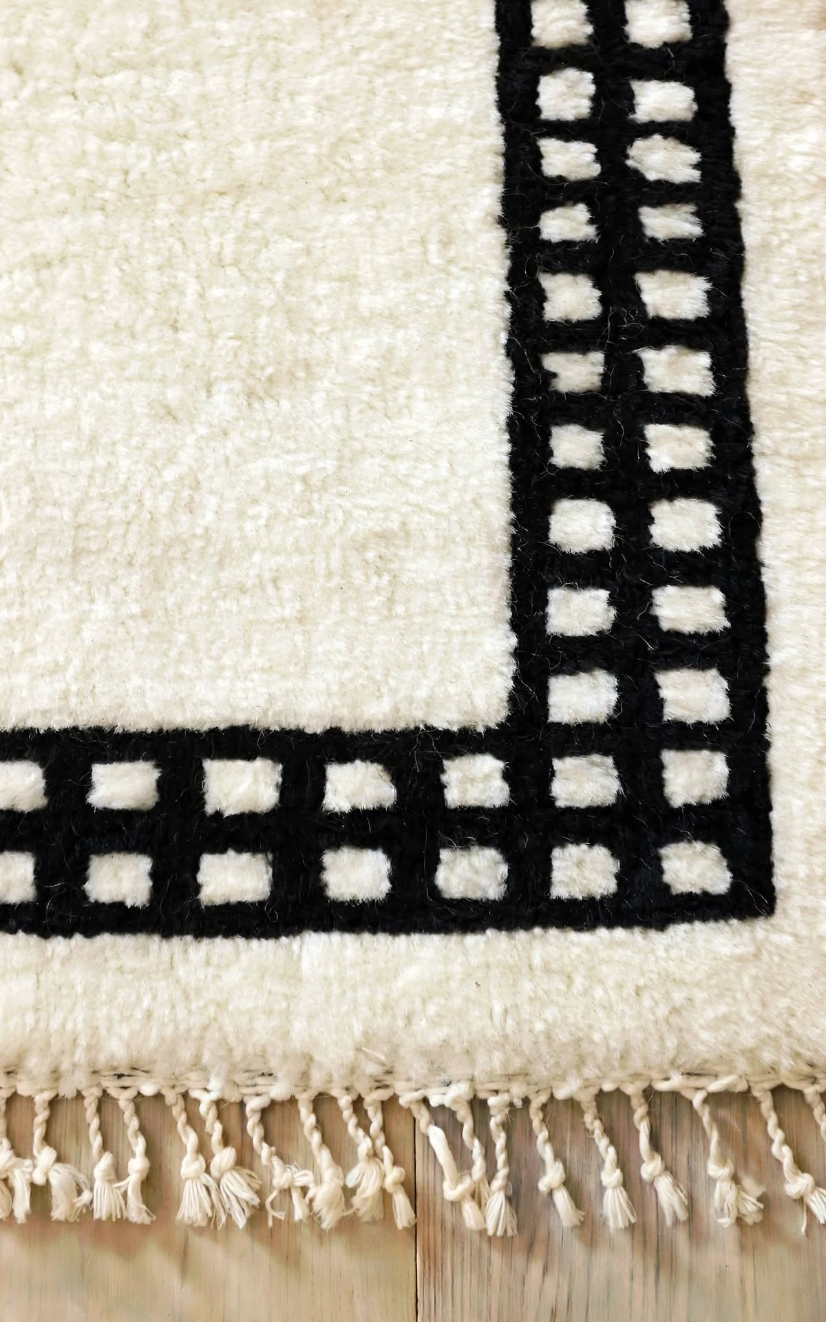 Charcoal Black Moroccan Berber Wool Rug with Cream Geometric Border, handmade in Bhadohi India – photo 3