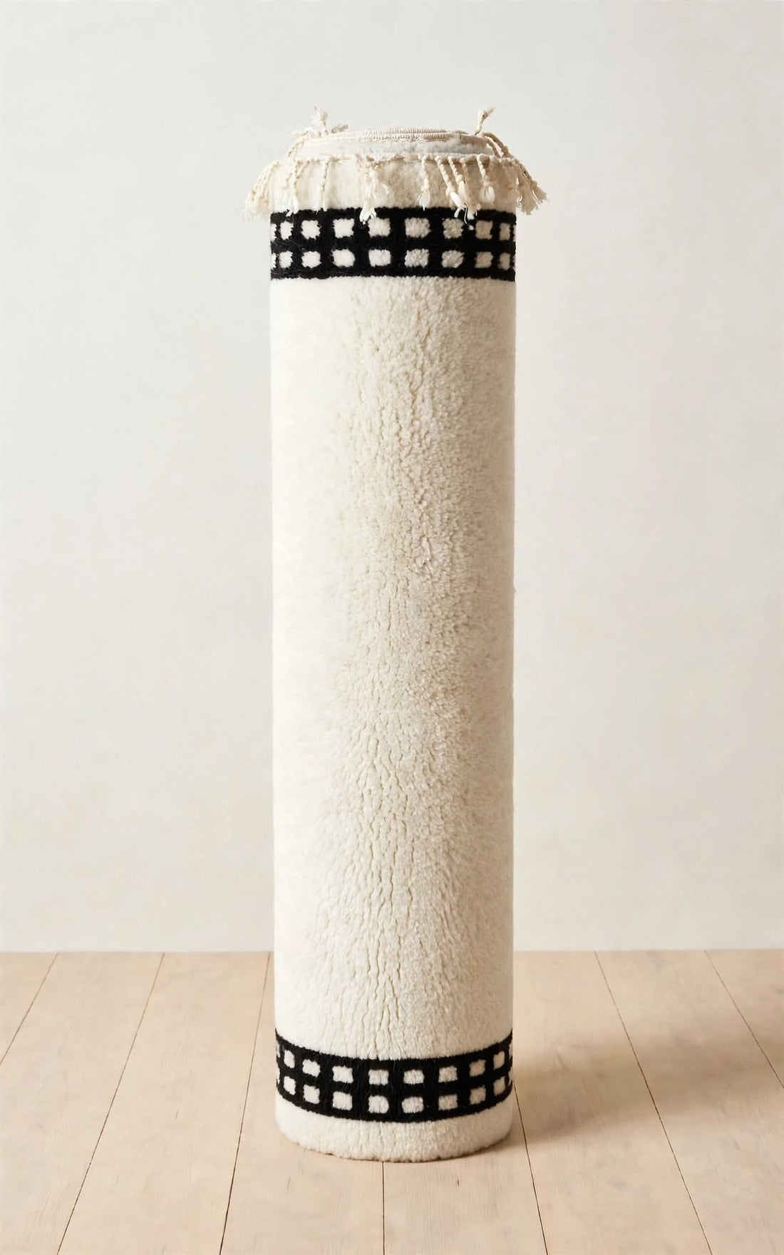 Charcoal Black Moroccan Berber Wool Rug with Cream Geometric Border, handmade in Bhadohi India – photo 2