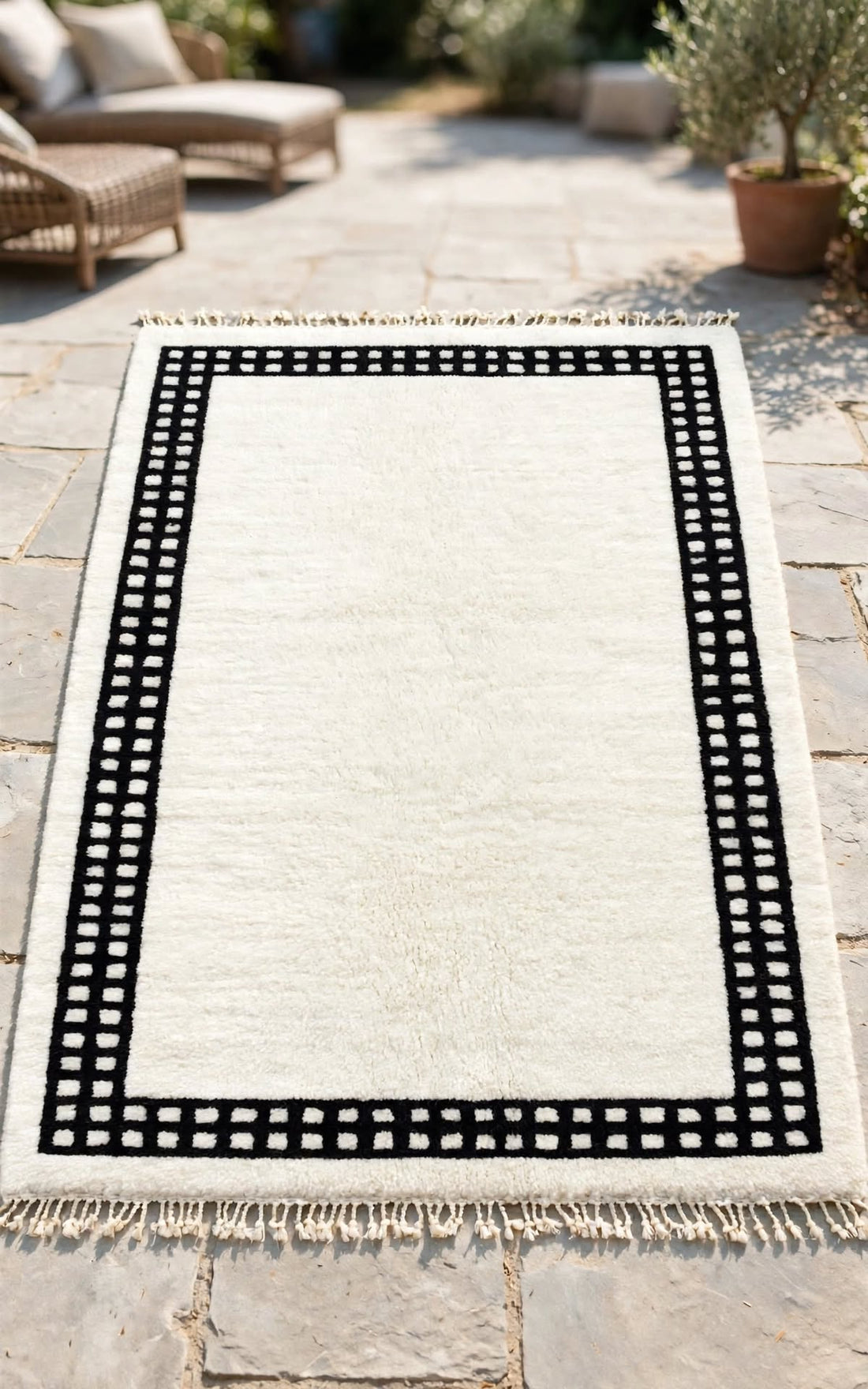 Charcoal Black Moroccan Berber Wool Rug with Cream Geometric Border, handmade in Bhadohi India – photo 9