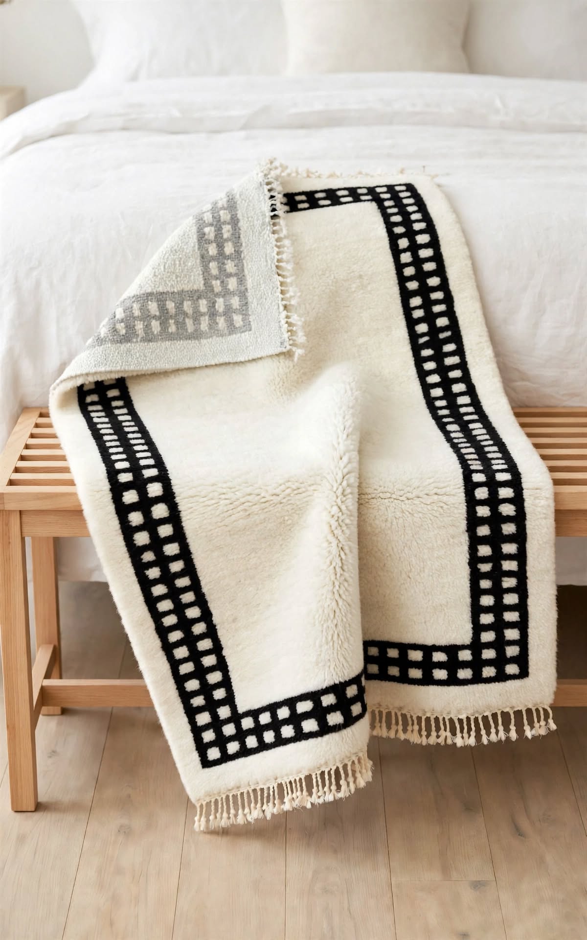 Charcoal Black Moroccan Berber Wool Rug with Cream Geometric Border, handmade in Bhadohi India – photo 4
