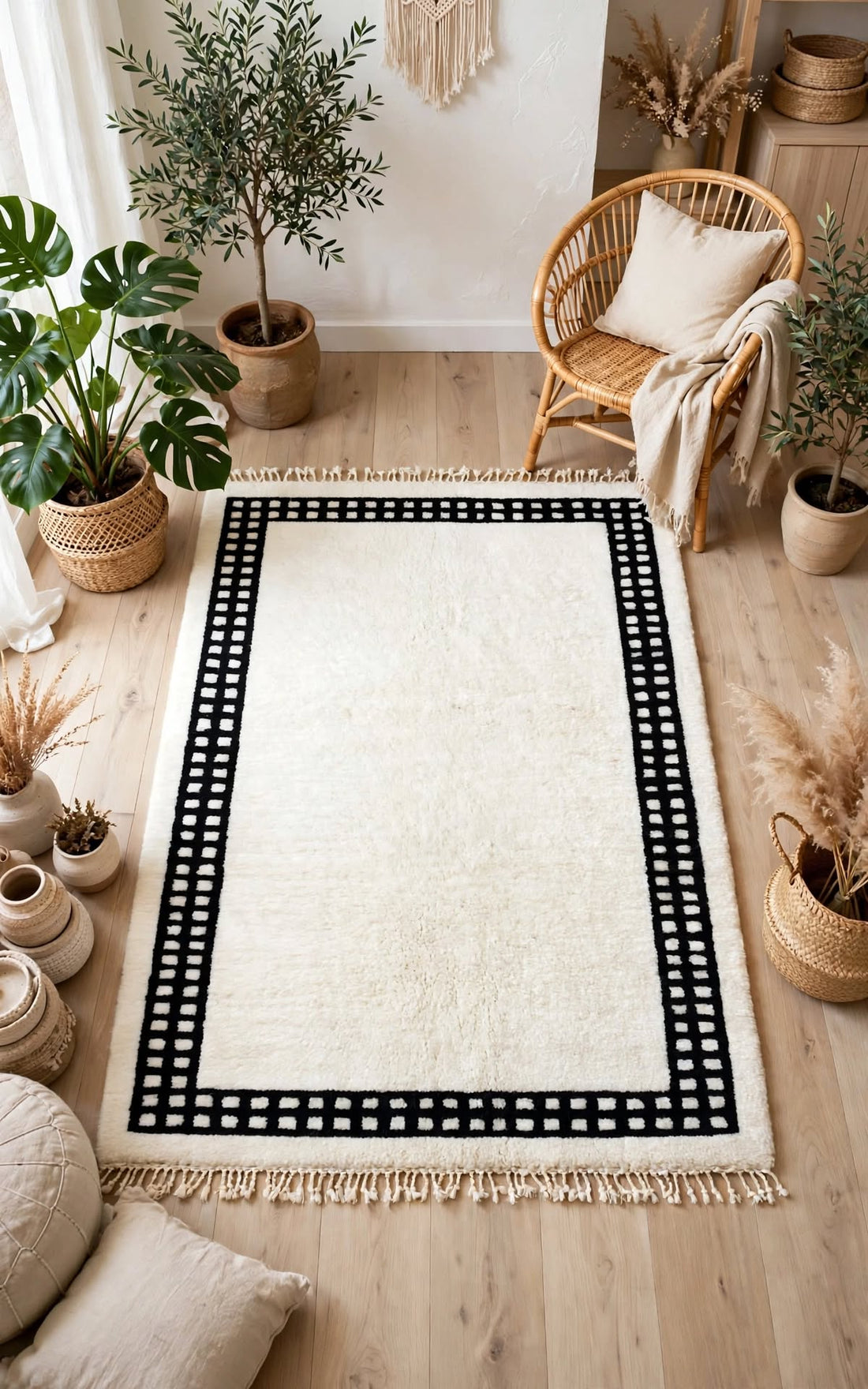 Charcoal Black Moroccan Berber Wool Rug with Cream Geometric Border, handmade in Bhadohi India – photo 7
