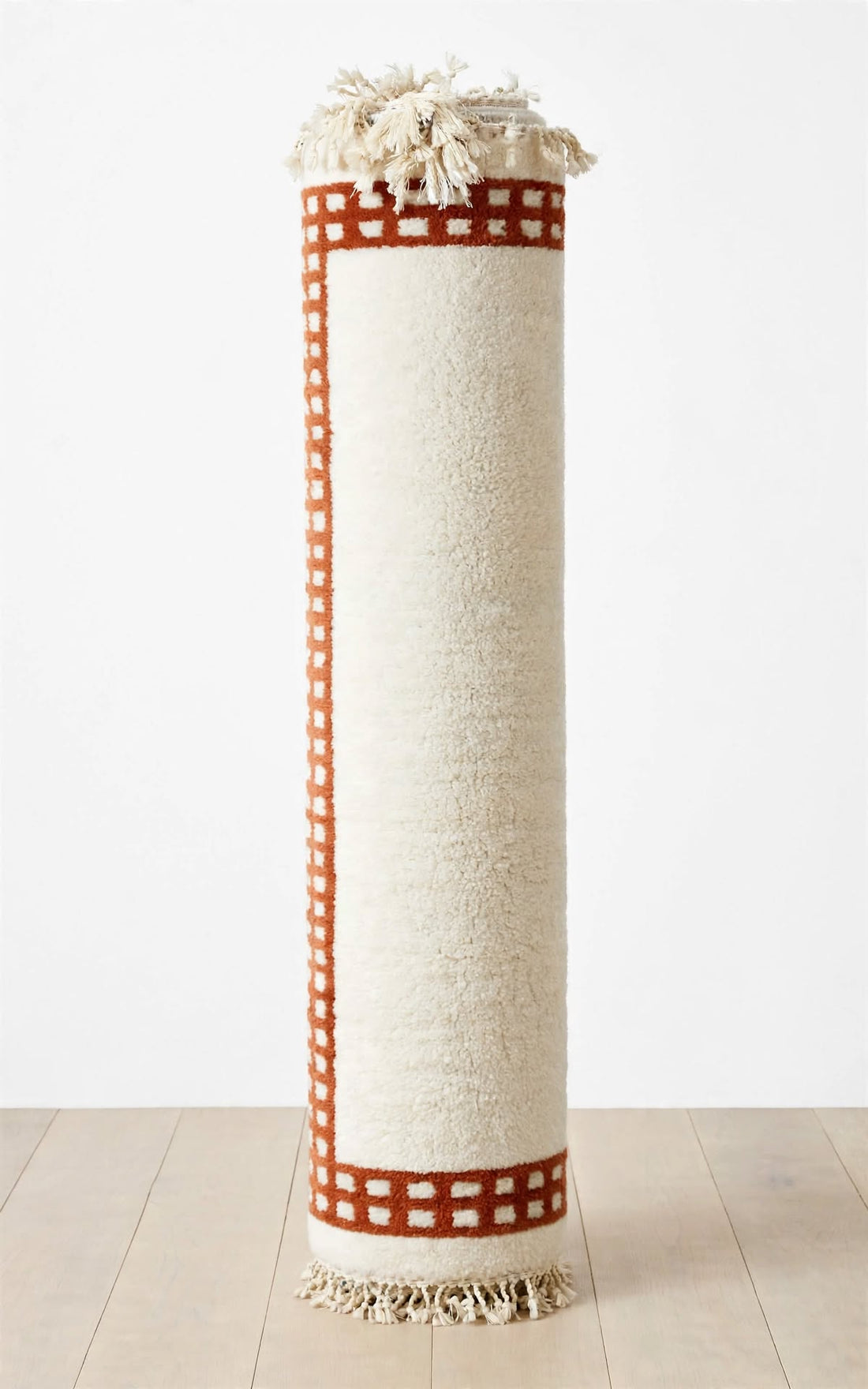 Cream Ivory Moroccan Berber Wool Rug with Terracotta Rust Border, handmade in Bhadohi India – photo 4