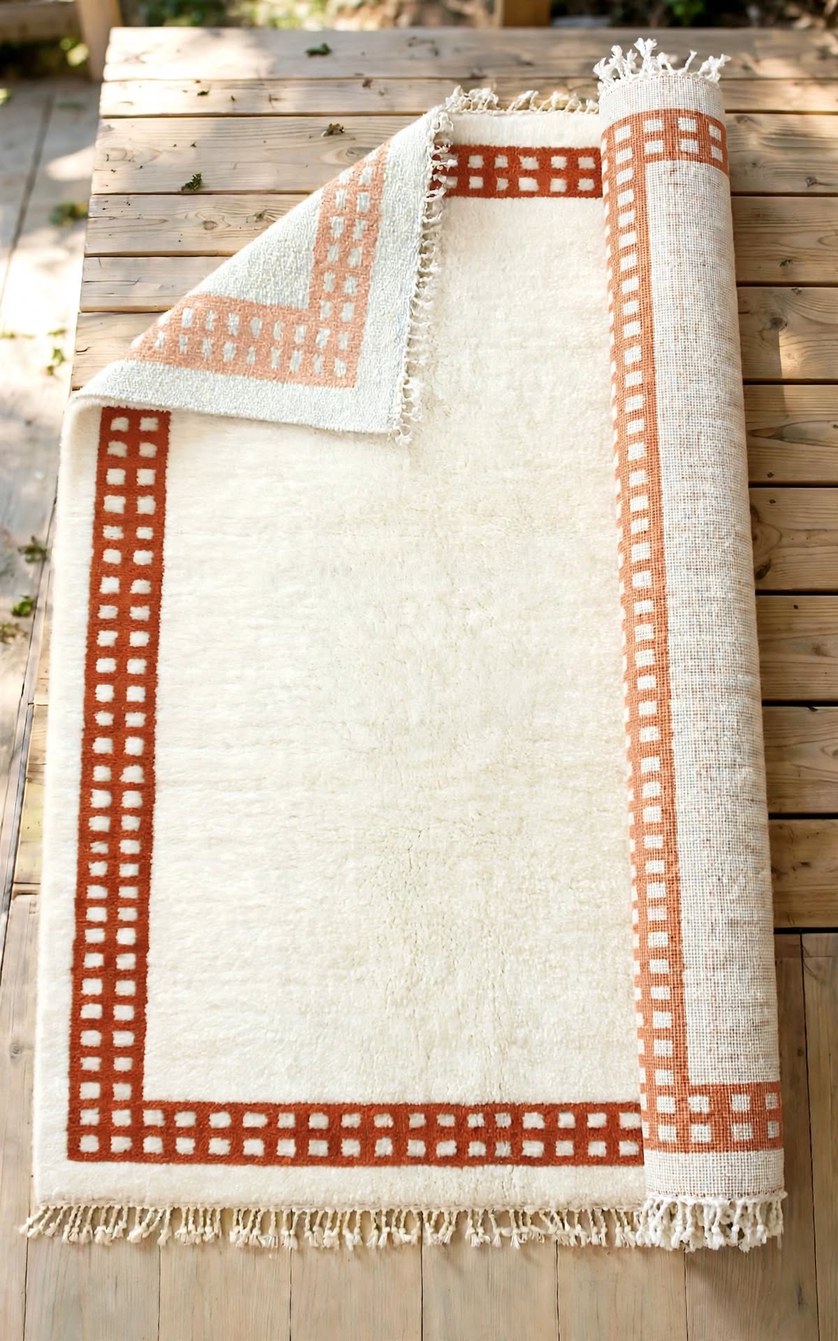Cream Ivory Moroccan Berber Wool Rug with Terracotta Rust Border, handmade in Bhadohi India – photo 7