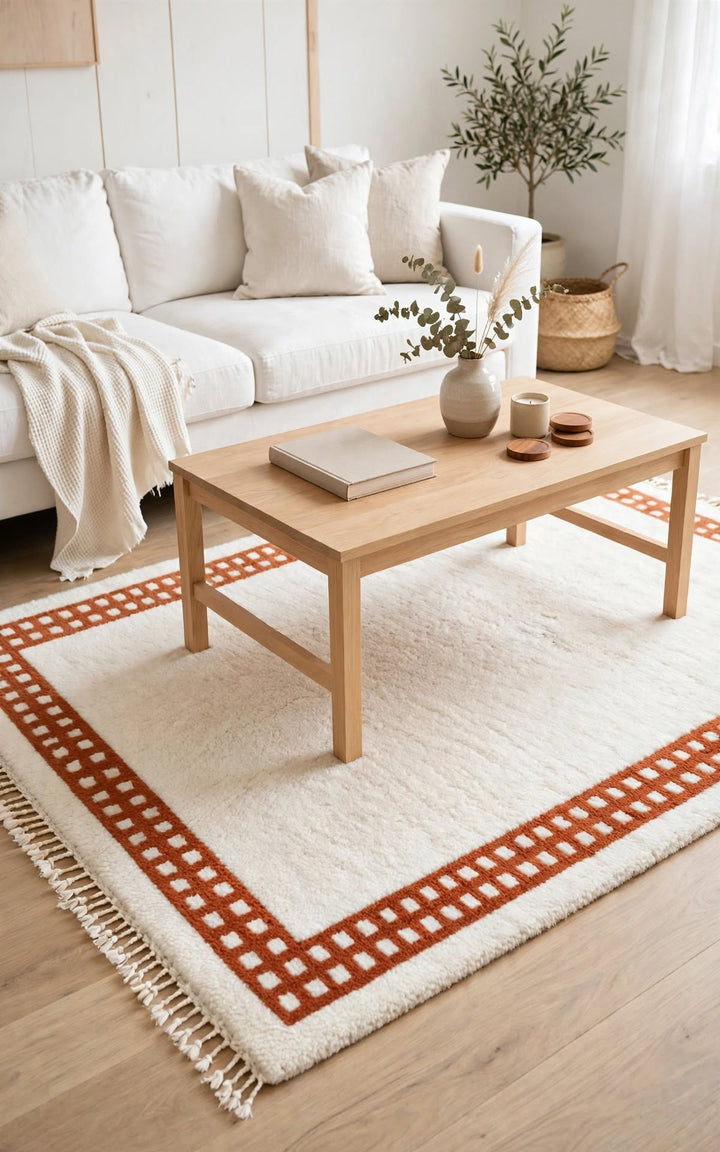 Cream Ivory Moroccan Berber Wool Rug with Terracotta Rust Border, handmade in Bhadohi India – photo 1